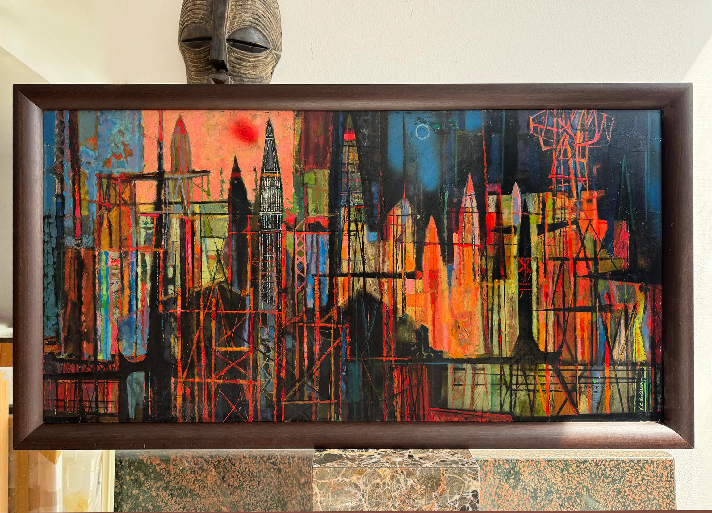 Mid-Century Rocket Ship Cityscape Abstract Skyline For Sale 7
