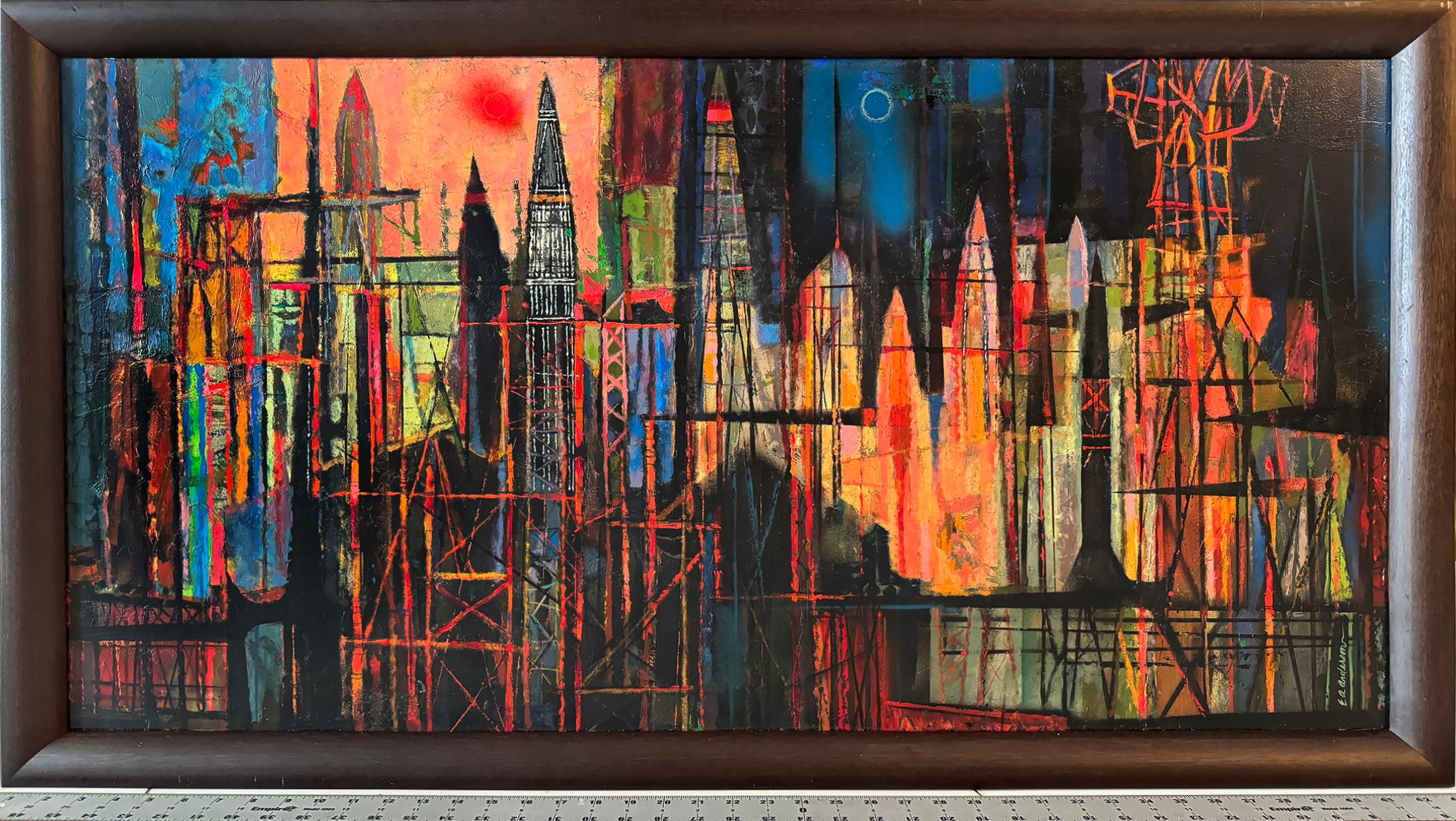 Mid-Century Rocket Ship Cityscape Abstract Skyline - American Modern Painting by Edward Arthur Anderson