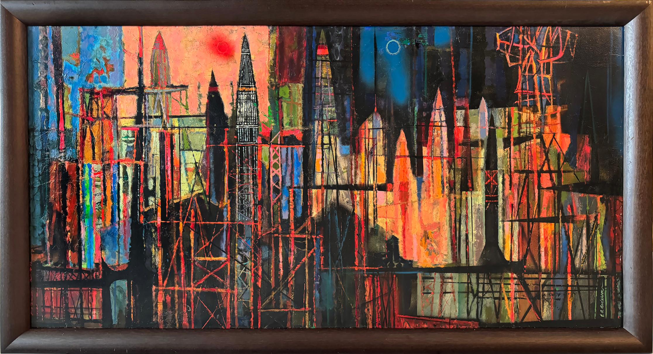 Mid-Century Rocket Ship Cityscape Abstract Skyline - Brown Abstract Painting by Edward Arthur Anderson