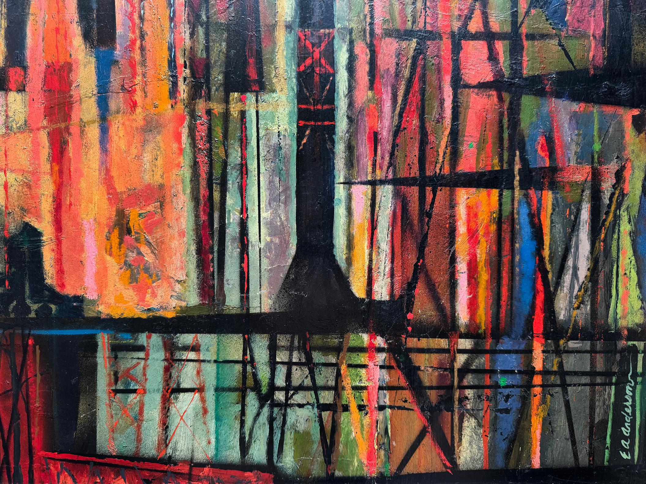 In the present work, the artist arranges a series of rockets and support structures in a row to mimic the New York City skyline under hyper-dramatic lighting conditions. It embodies the ultimate and quintessential mid-century look. Masterfully