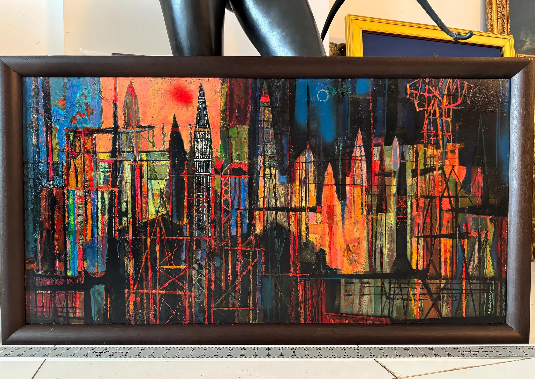 Mid-Century Rocket Ship Cityscape Abstract Skyline For Sale 1