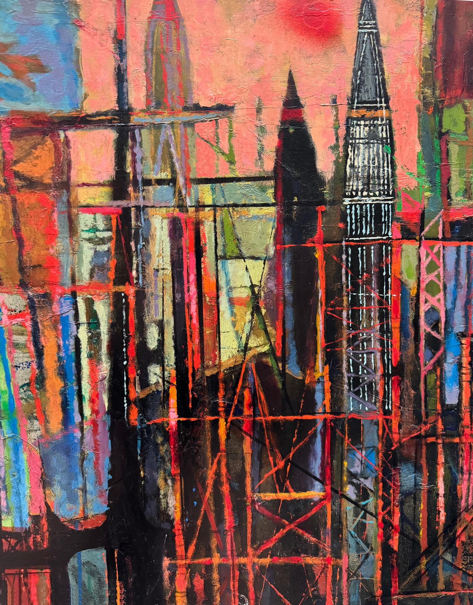 Mid-Century Rocket Ship Cityscape Abstract Skyline For Sale 4