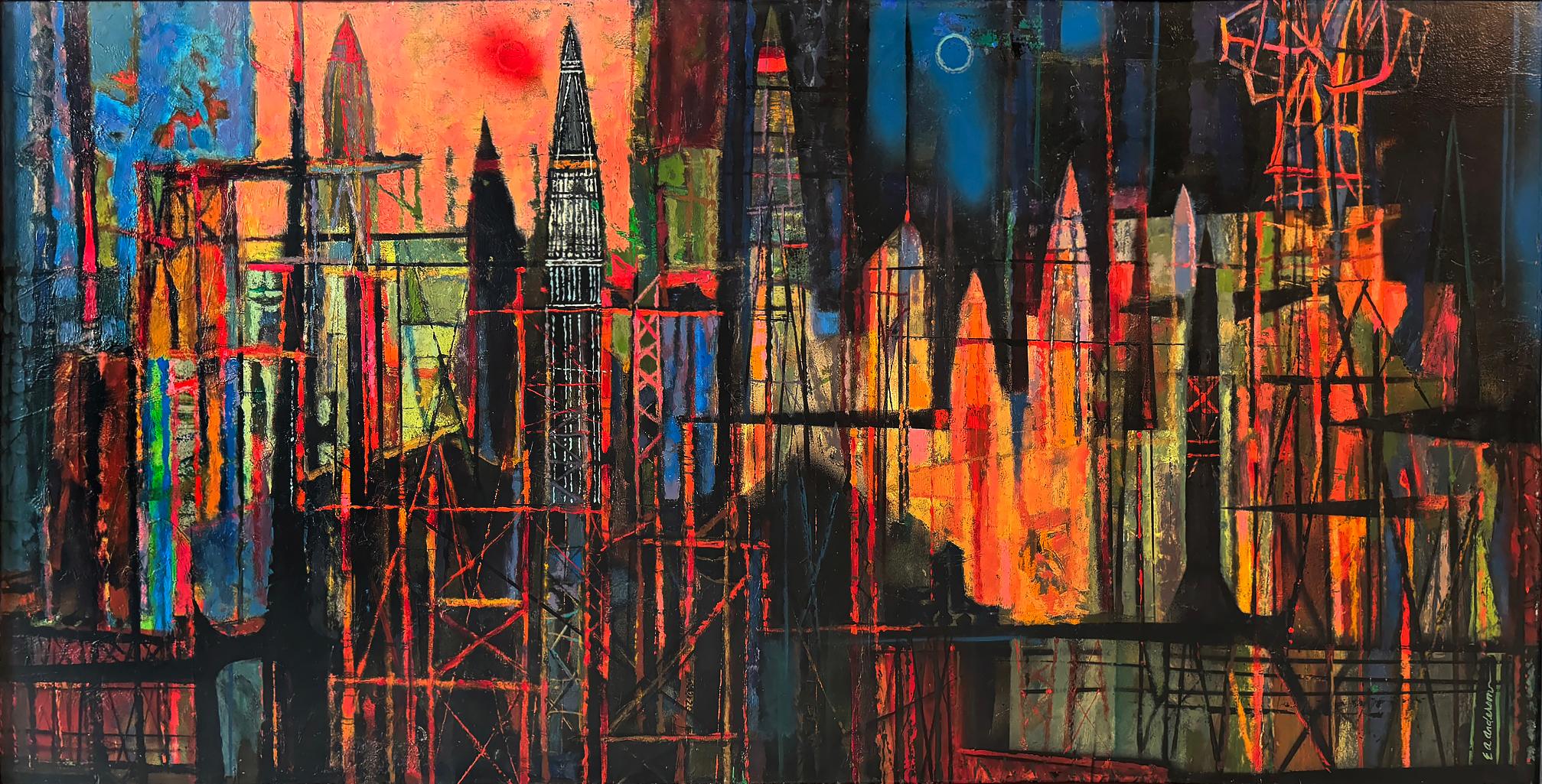 Bateau-fusée du milieu du siècle Paysage urbain Abstrait Skyline