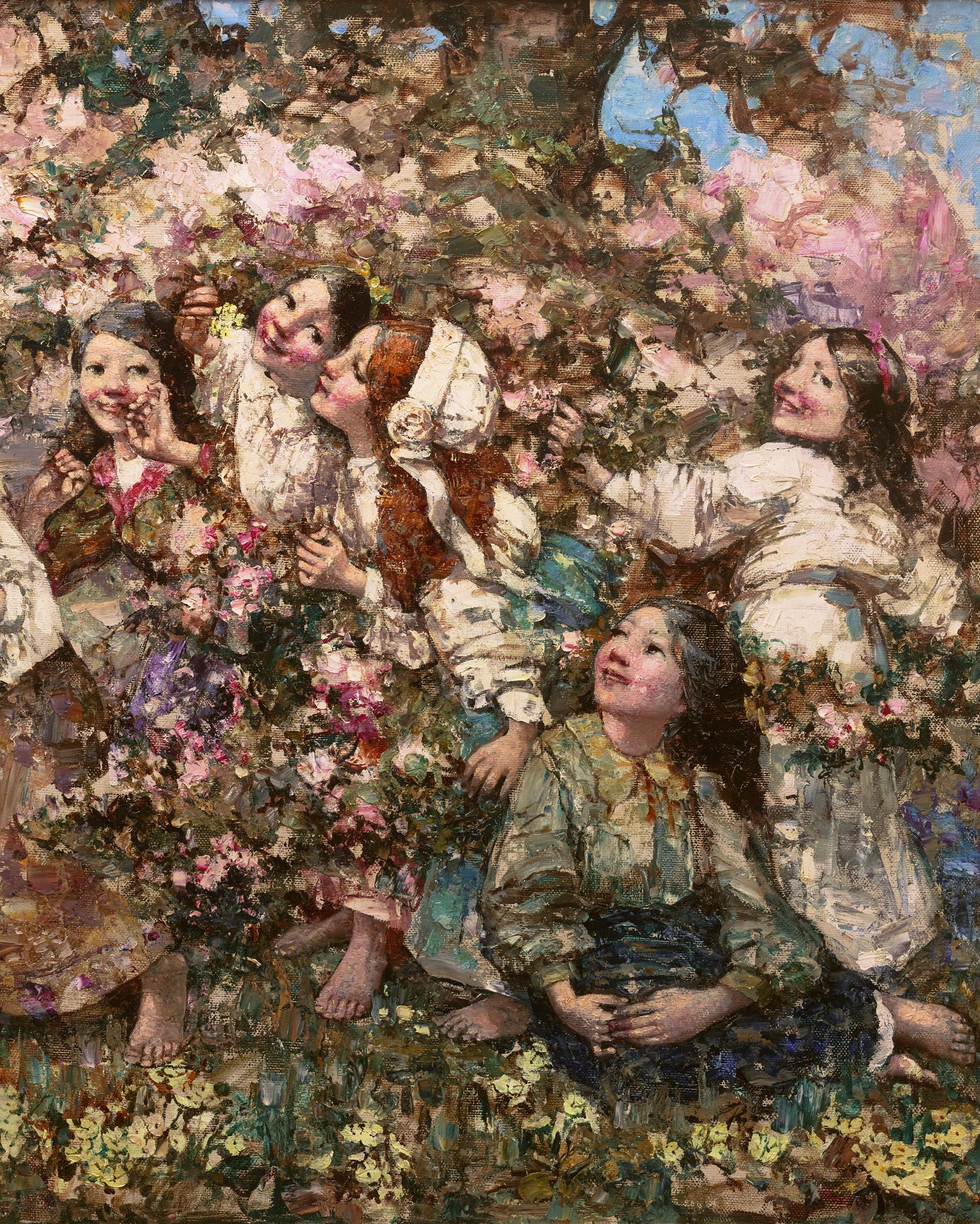 Edward Atkinson Hornel
1864-1933  Scottish

A Spring Roundelay

Signed “E A Hornel” and dated 1910 (lower left)
Oil on canvas

Visually arresting with the vivid hues of springtime, this uplifting scene of seven young girls romping in a springtime