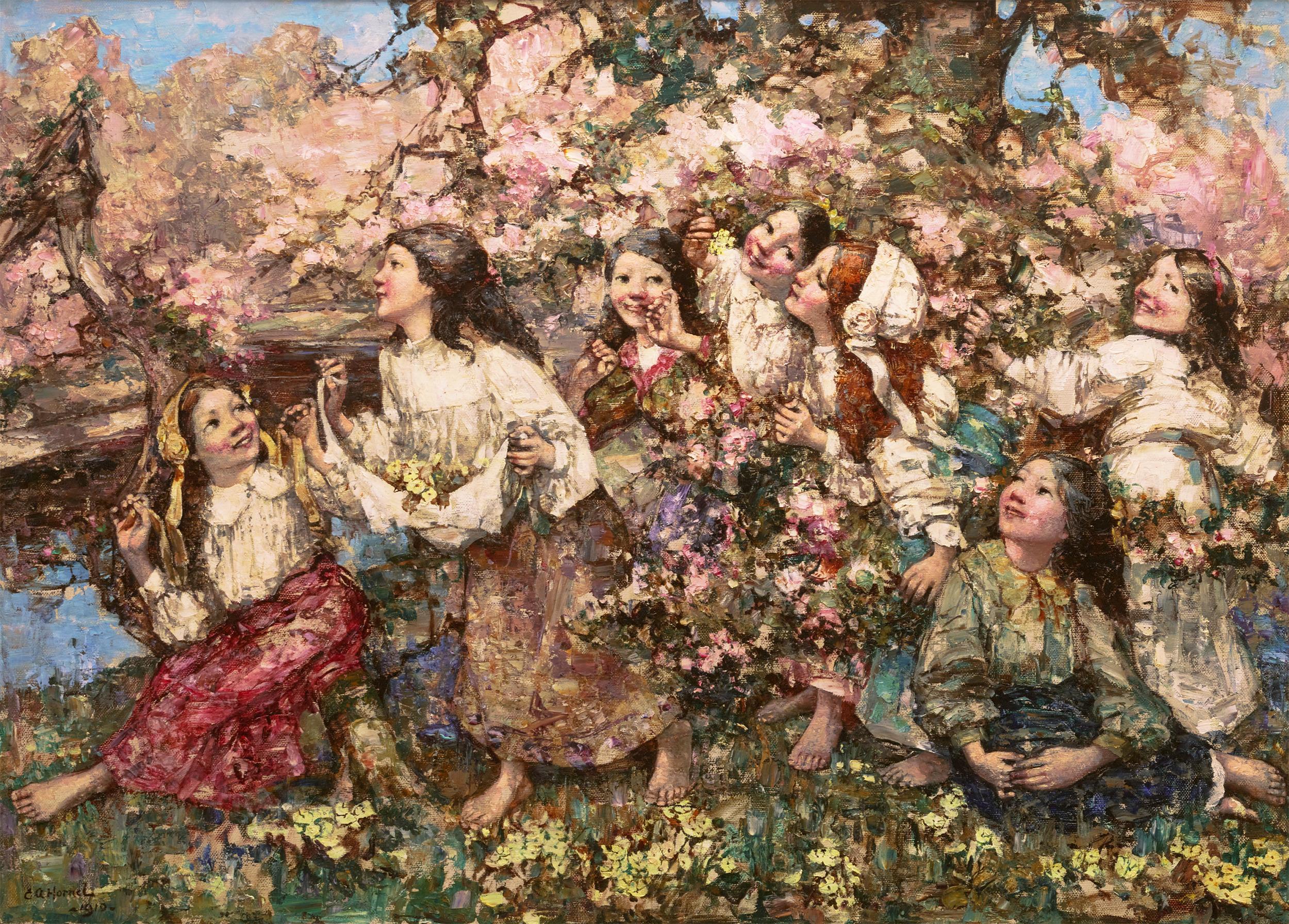 Edward Atkinson Hornel
1864-1933  Écosse

Un Roundelay de printemps

Signé "E A Hornel" et daté 1910 (en bas à gauche)
Huile sur toile

Visuellement saisissante avec les teintes vives du printemps, cette scène édifiante de sept jeunes filles