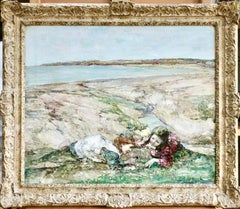 Watching the Butterflies - 19th Century Oil, Girls at Coast Landscape by Hornel