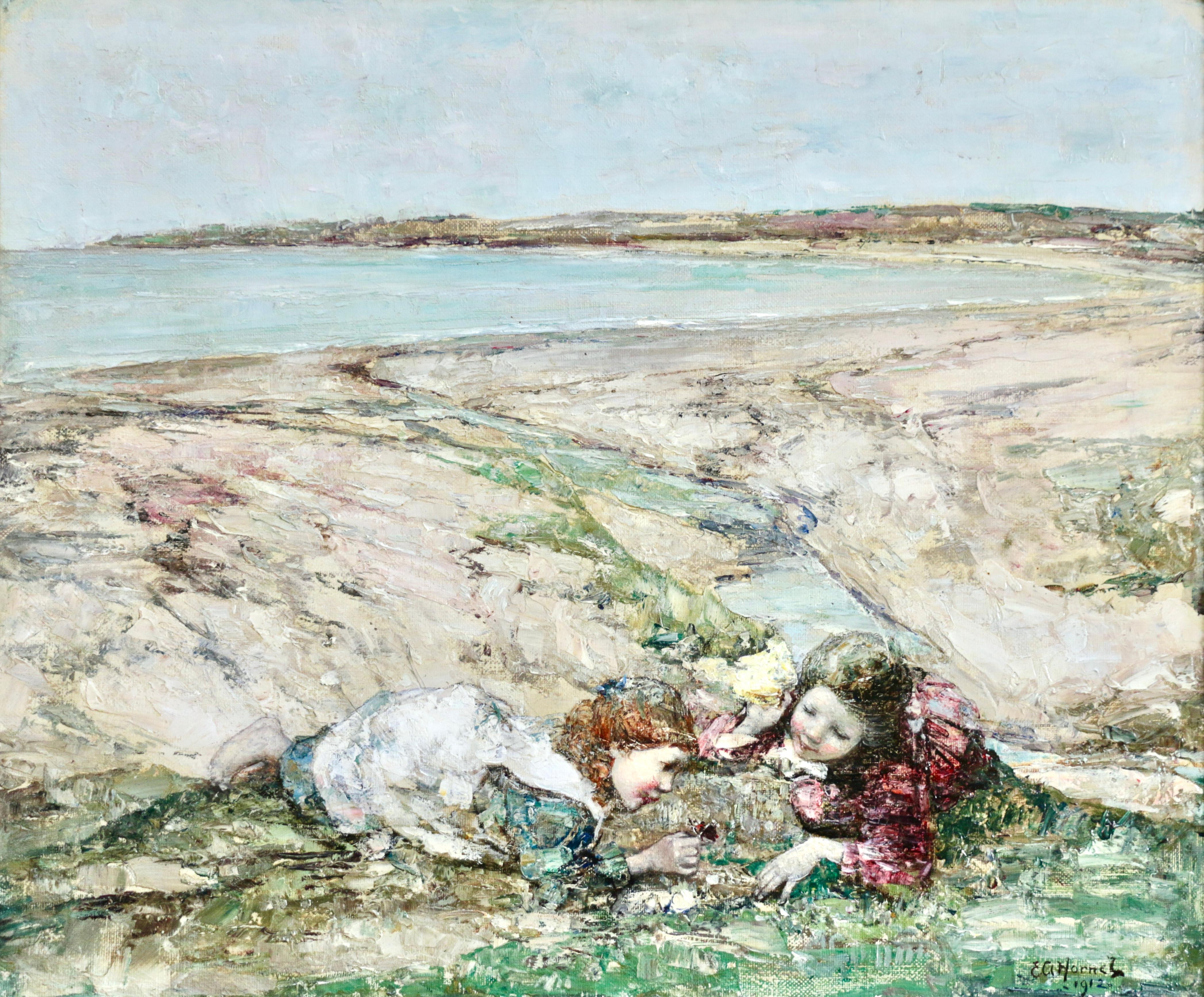Watching the Butterflies - 19th Century Oil, Girls at Coast Landscape by Hornel - Painting by Edward Atkinson Hornel