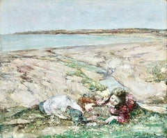 Watching the Butterflies - 19th Century Oil, Girls at Coast Landscape by Hornel