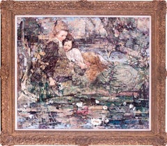 Grande peinture à l'huile expressive de Hornel ou d'enfants, écossaise, début du 20e siècle