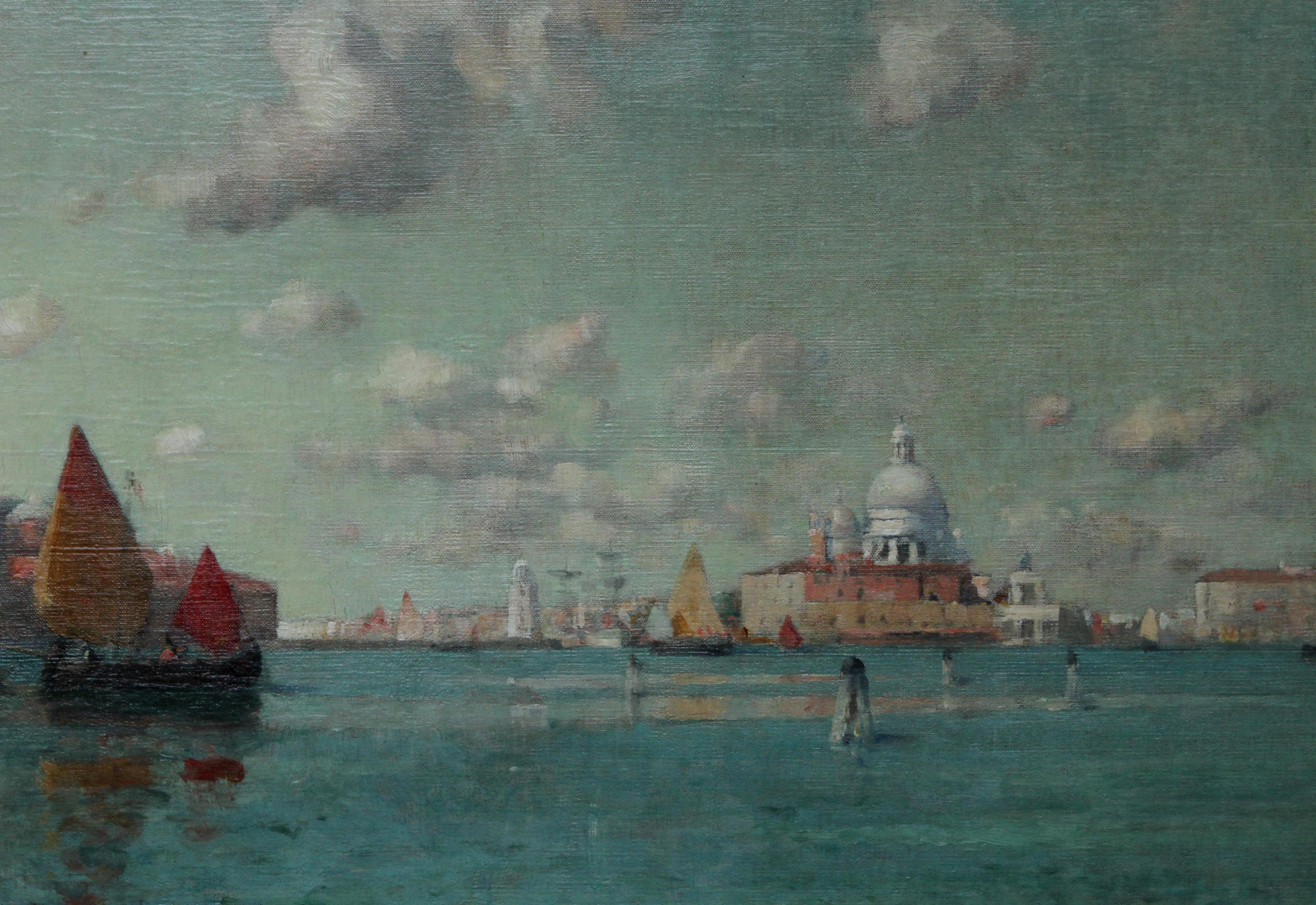 Venetian Lagoon - American/British Victorian art marine oil painting Italy - Gray Landscape Painting by Edward Aubrey Hunt