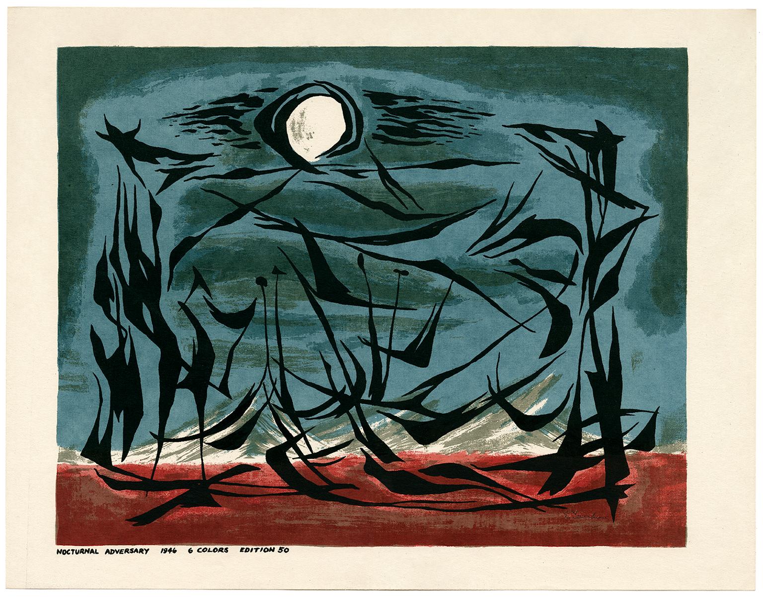 'Nocturnal Adversary' — Mid-Century Surrealist Abstraction - Print by Edward August Landon