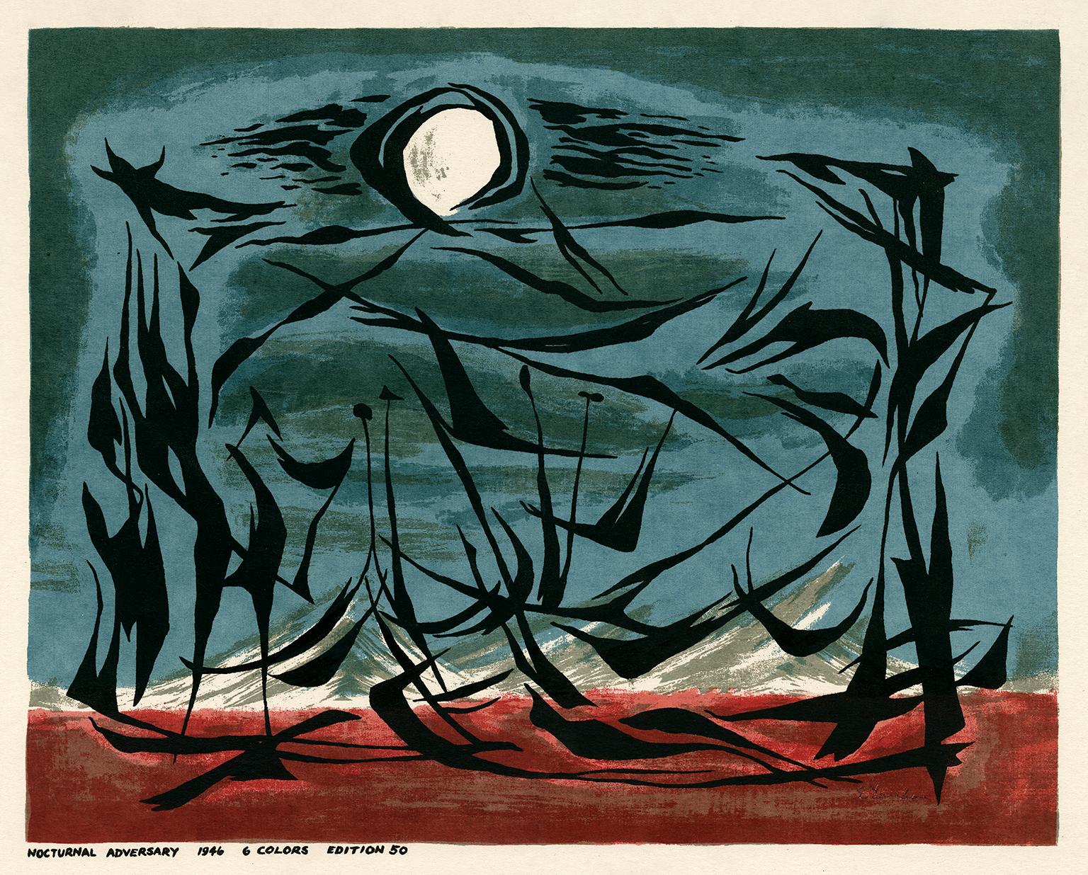 Edward August Landon Abstract Print - 'Nocturnal Adversary' — 1940s Surrealist Abstraction