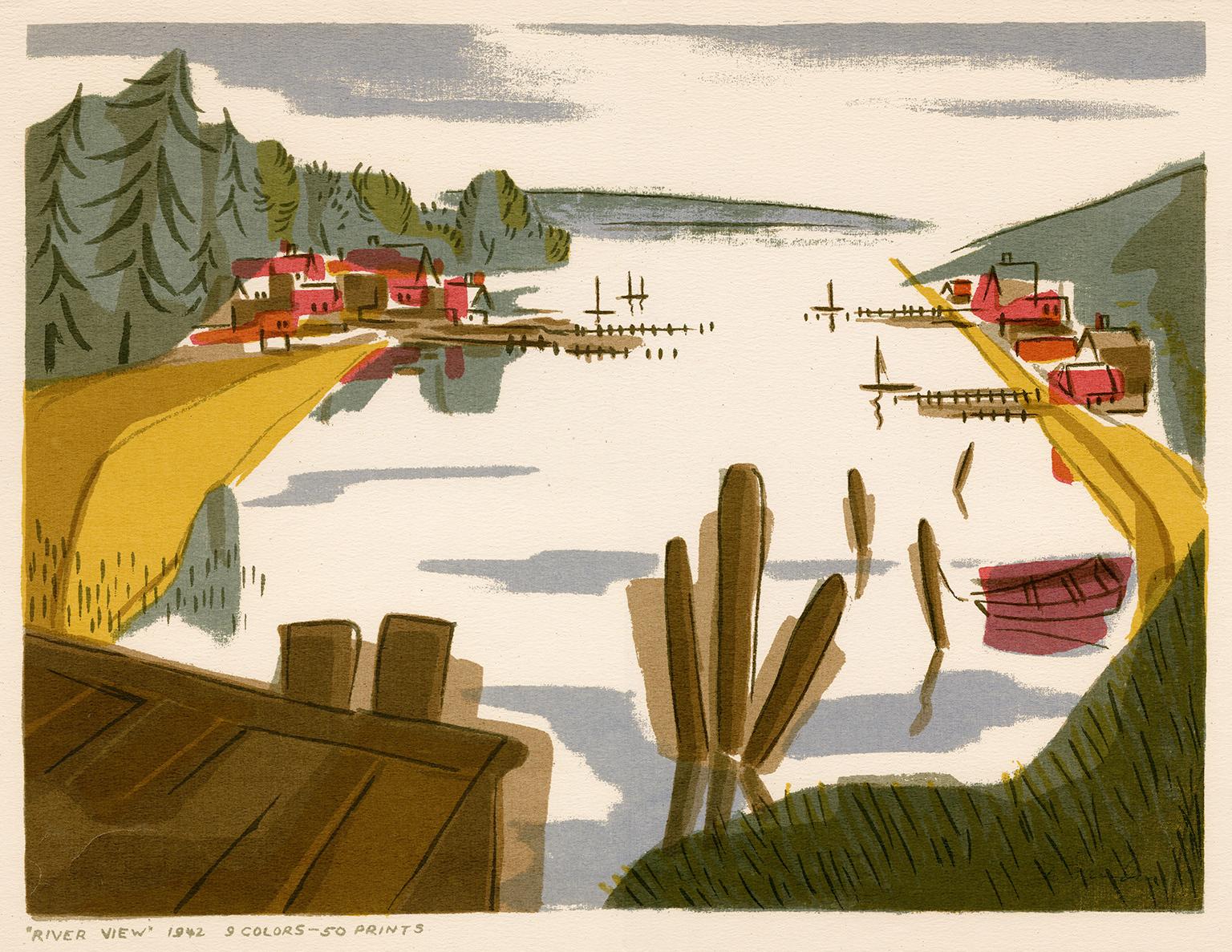 Edward August Landon Abstract Print - 'River View' — 1940s American Modernism