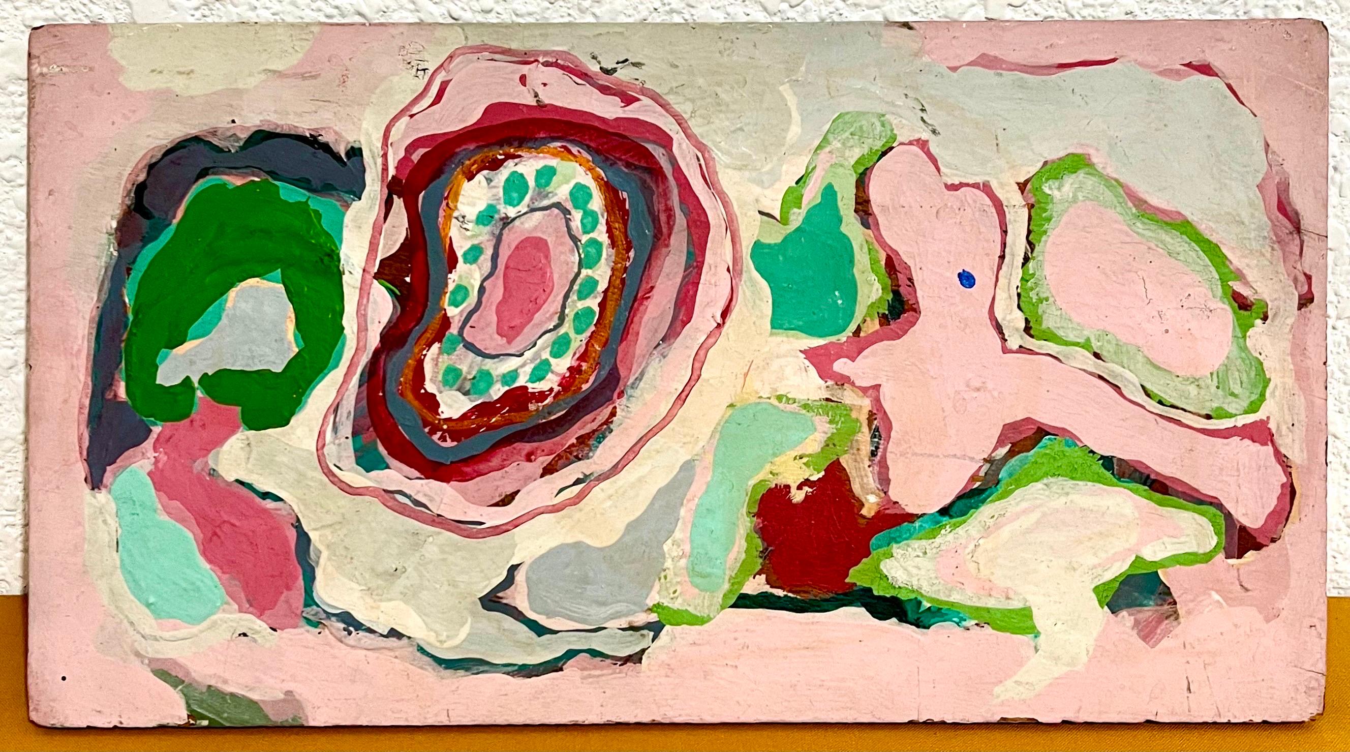 Edward Avedisian ( 1936-2007 ) 
7 X 13
Oil paint on wood panel with pink, red and green abstract.
This is not signed on front. It bears his name verso.
Provenance: Hudson, N.Y. estate of noted Art Collector Albert Burnette Roberts