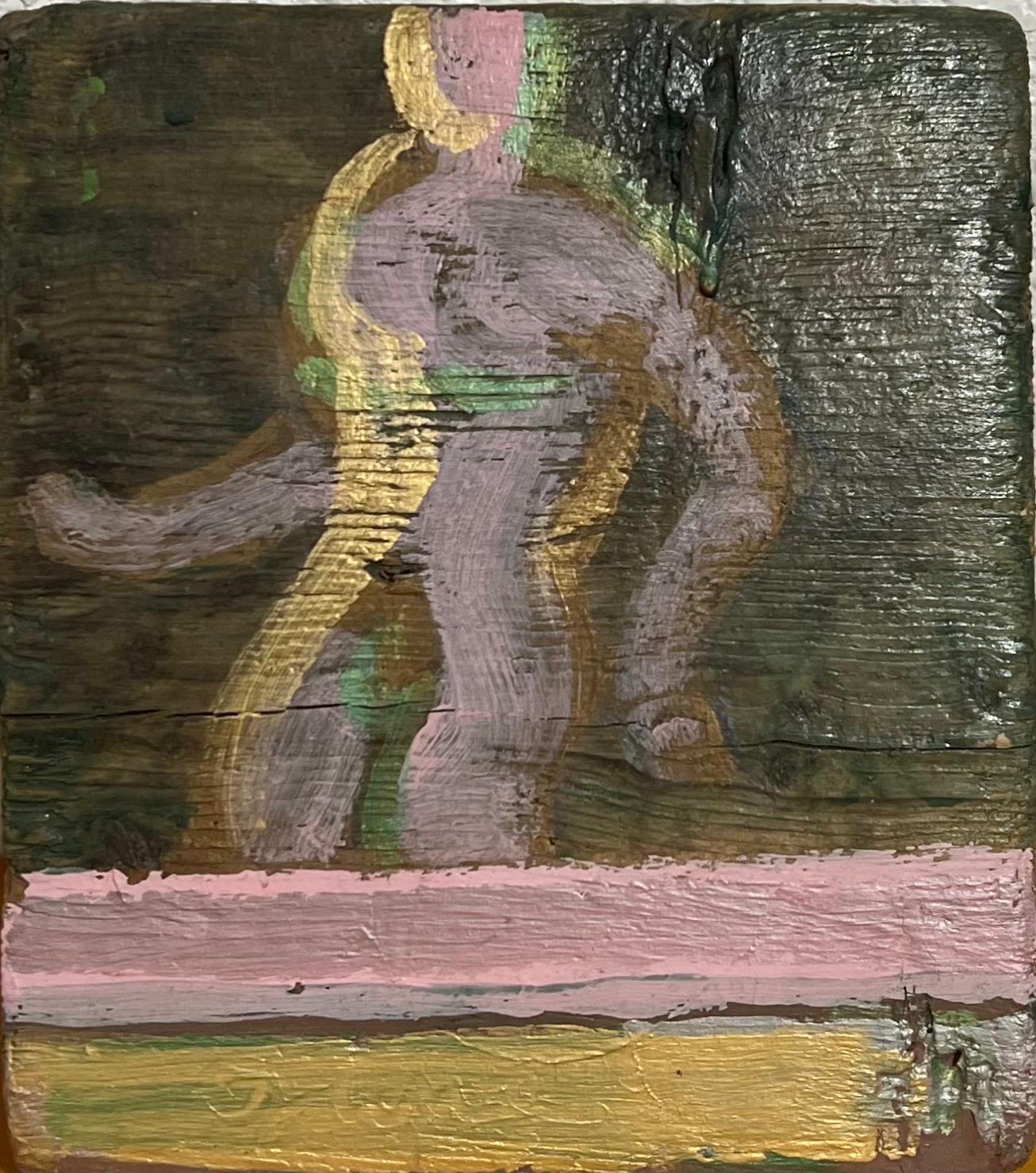 Edward Avedisian ( 1936-2007 ) 
8 X 9
Oil paint on wood plank panel with gold and purple figure
This is not signed on front. It bears his name verso.
Provenance: Hudson, N.Y. estate of noted Art Collector Albert Burnette Roberts (1932-2021)

Edward