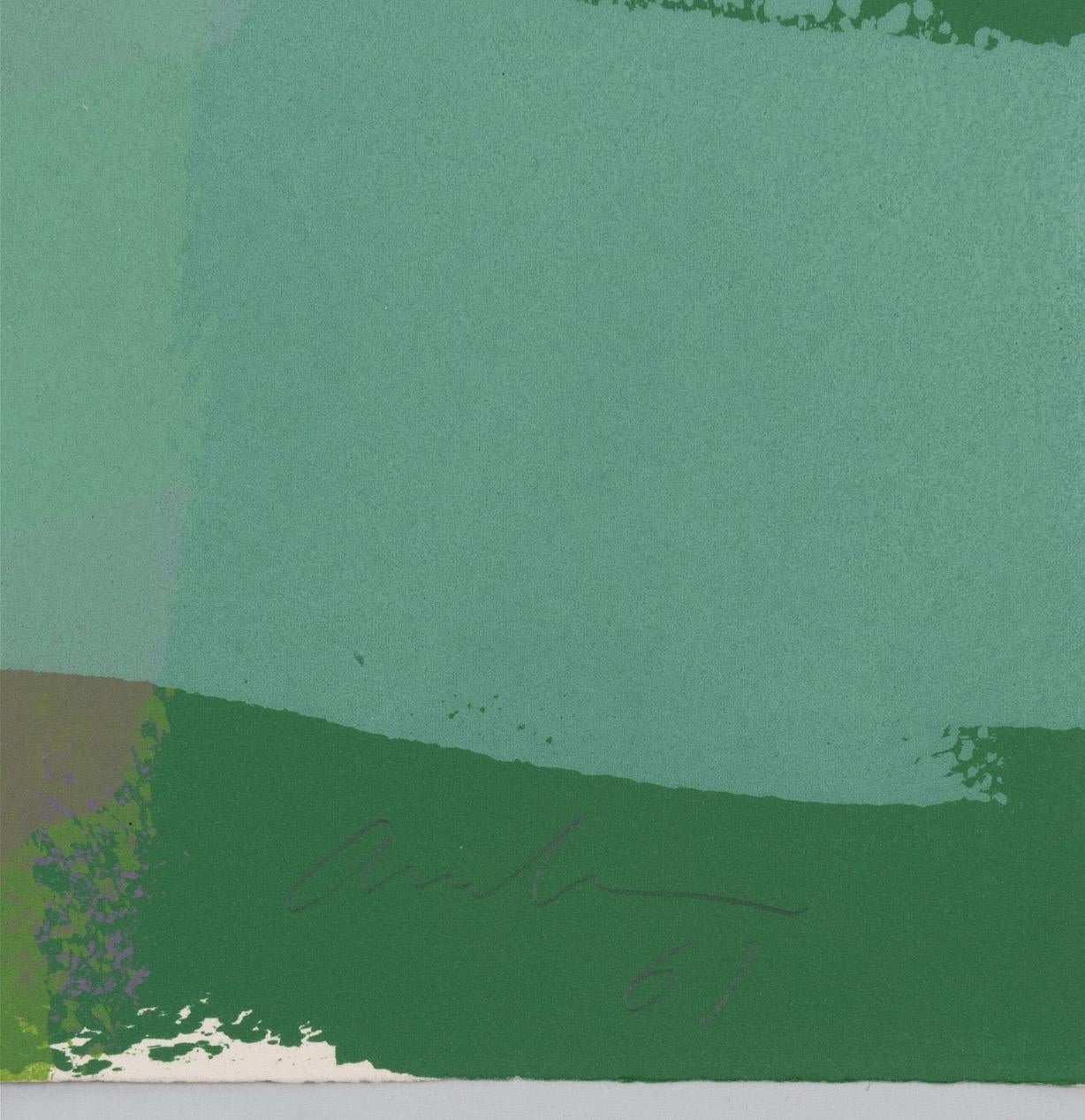 Mid-Century Modern Edward Avedisian (1936-2007) : Lithographie en or vert sur papier tissé ~ Signé en vente