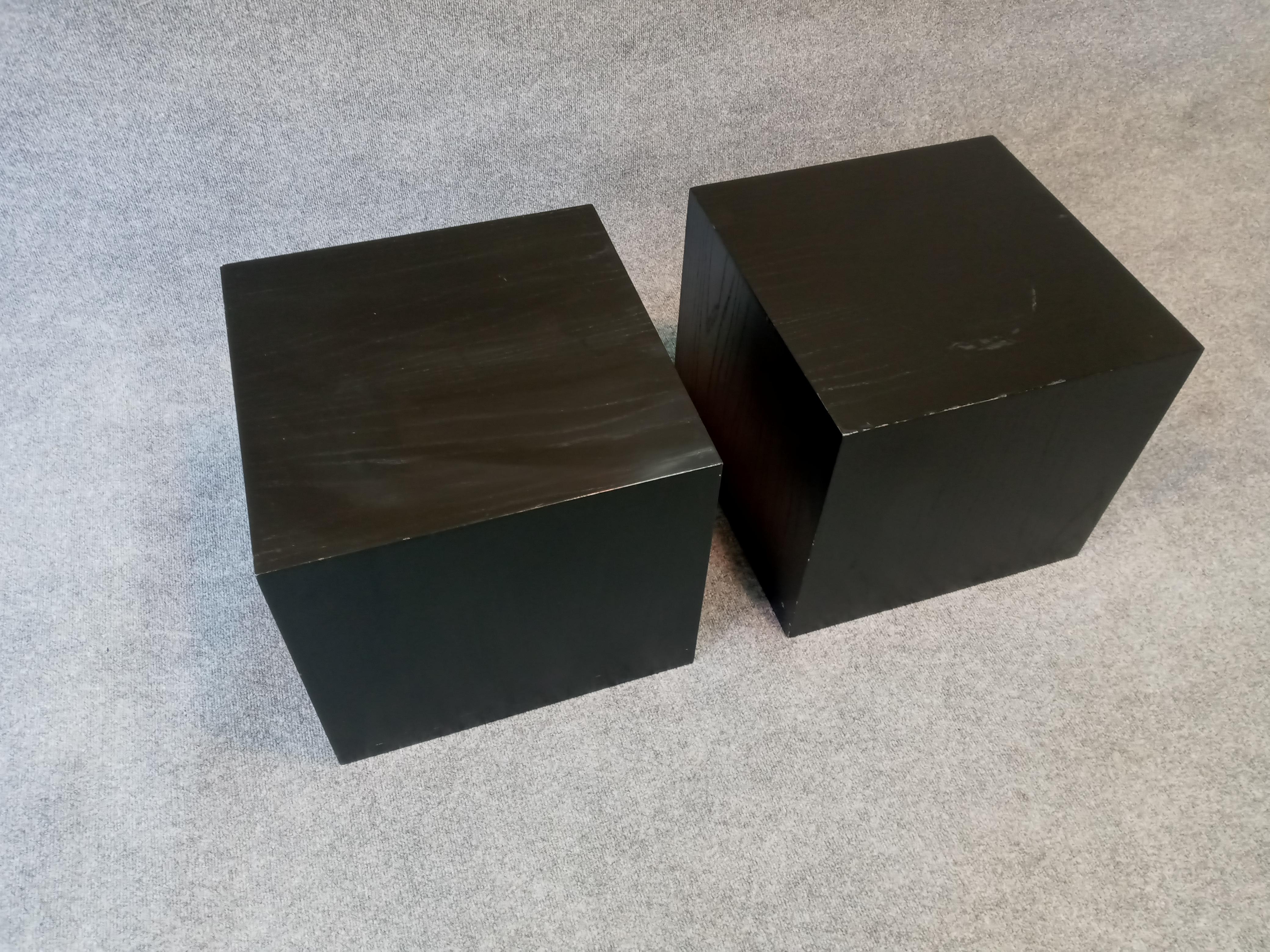 Edward Axel Roffman Pair Minimalist Enameled Oak Cube Tables MCM Post-Modern In Good Condition For Sale In Philadelphia, PA