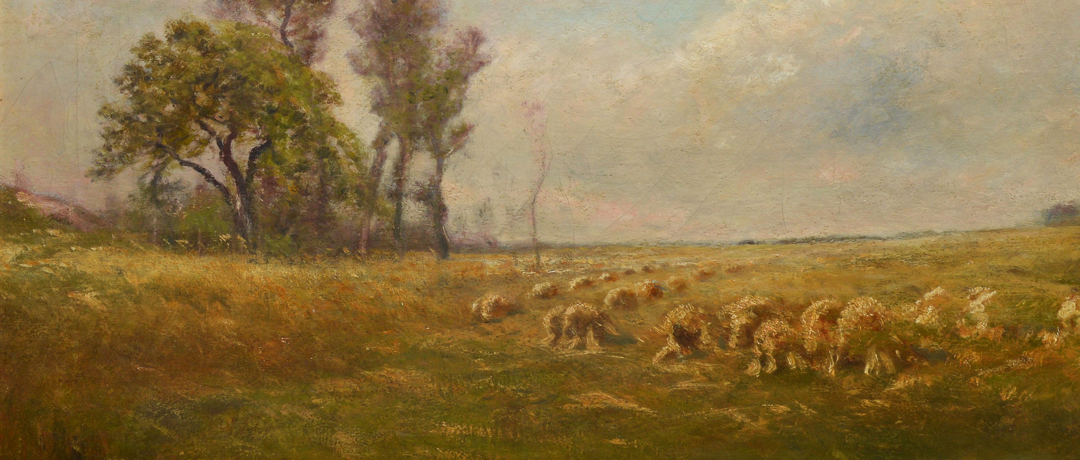Impressionist landscape with sheep grazing by Edward B Gay  (1837 - 1928).  Oil on canvas, circa 1880.  Signed lower left.  Housed in a period giltwood frame. Image size, 27