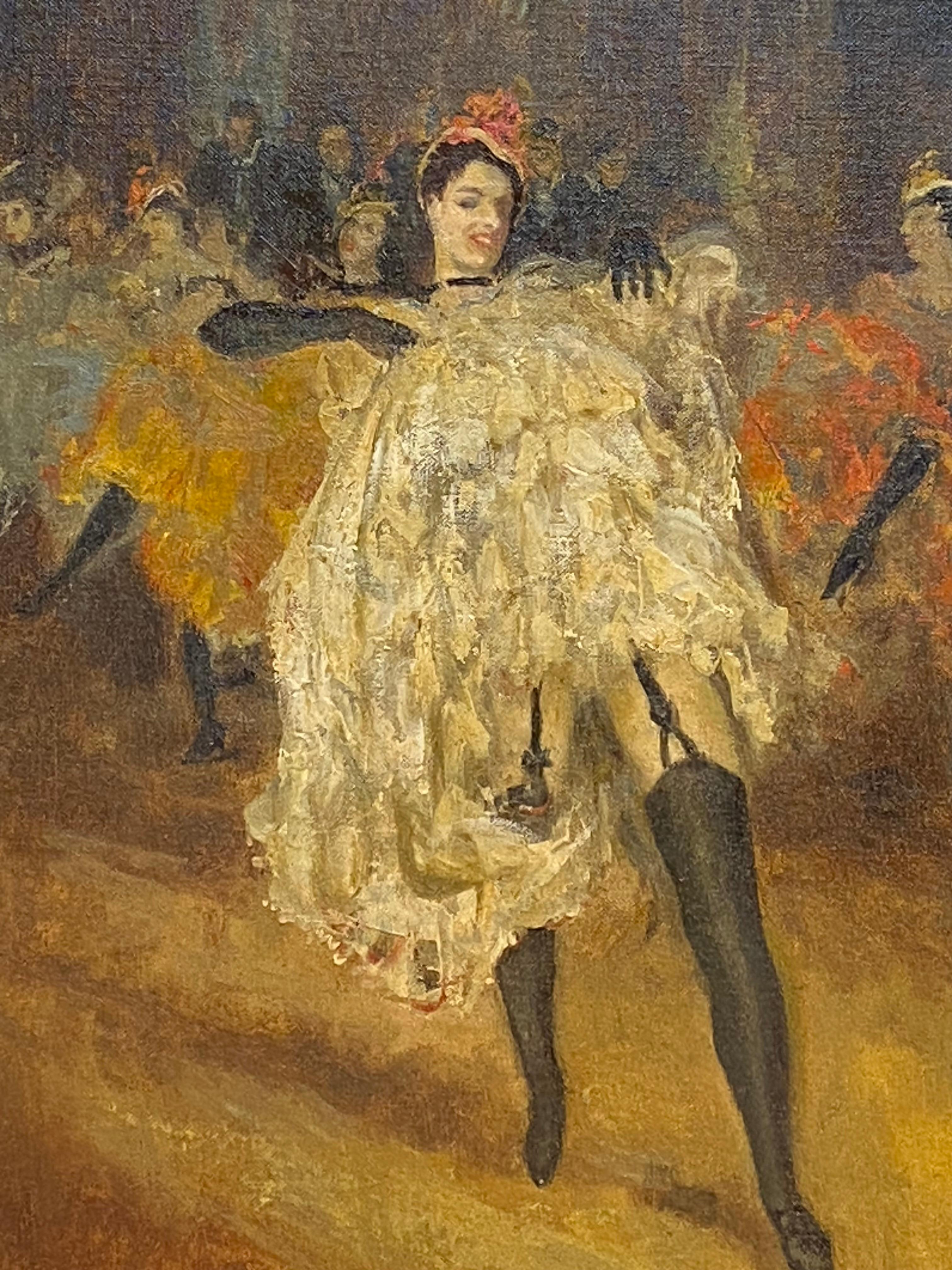
Squisito dipinto originale a olio su tavola di una ragazza can-can dell'artista londinese Edward Barnard Lintott.  Firmato in basso a sinistra.  Circa 1930. Le condizioni sono eccellenti. Telaio originale in gesso su legno con usura coerente con
