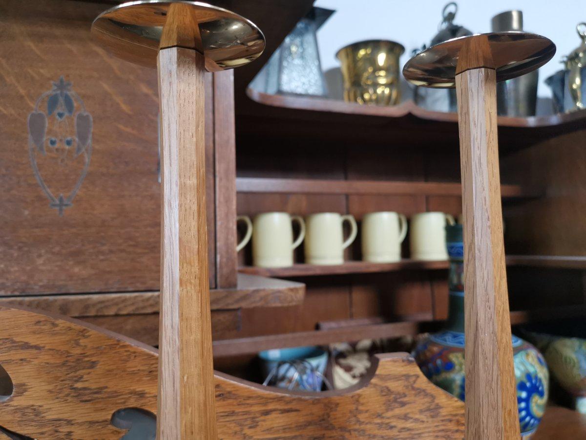 English Edward Barnsley, a Pair of Arts & Crafts Oak Candlesticks with Spider Web Bases For Sale