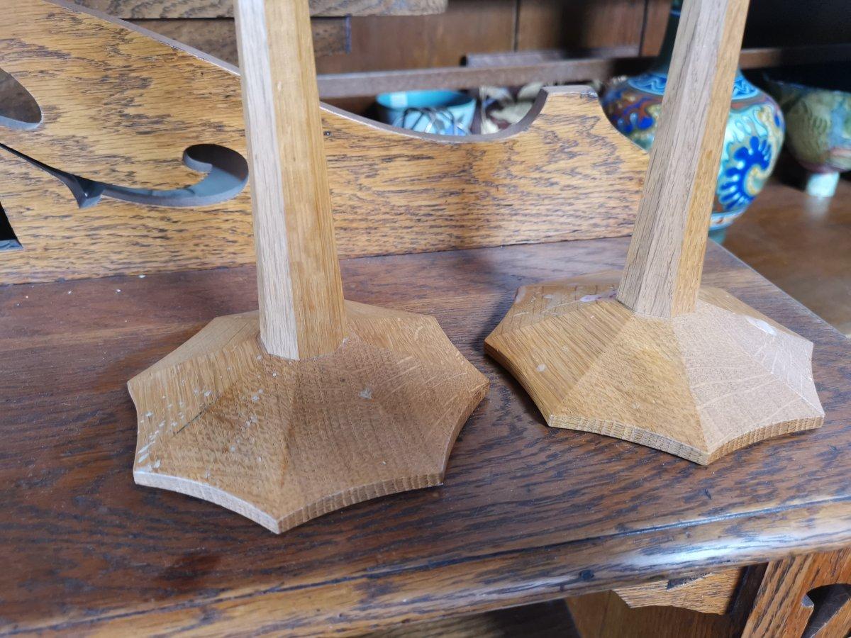 Hand-Crafted Edward Barnsley, a Pair of Arts & Crafts Oak Candlesticks with Spider Web Bases For Sale