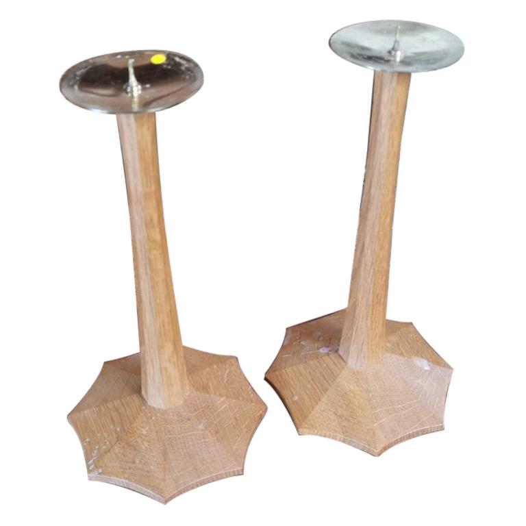 Edward Barnsley, a Pair of Arts & Crafts Oak Candlesticks with Spider Web Bases For Sale