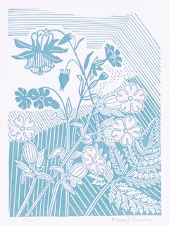 20th Century British lino cut of flowers, green and white, by Edward Bawden