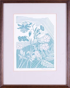 20th Century British lino cut of flowers, green and white, by Edward Bawden