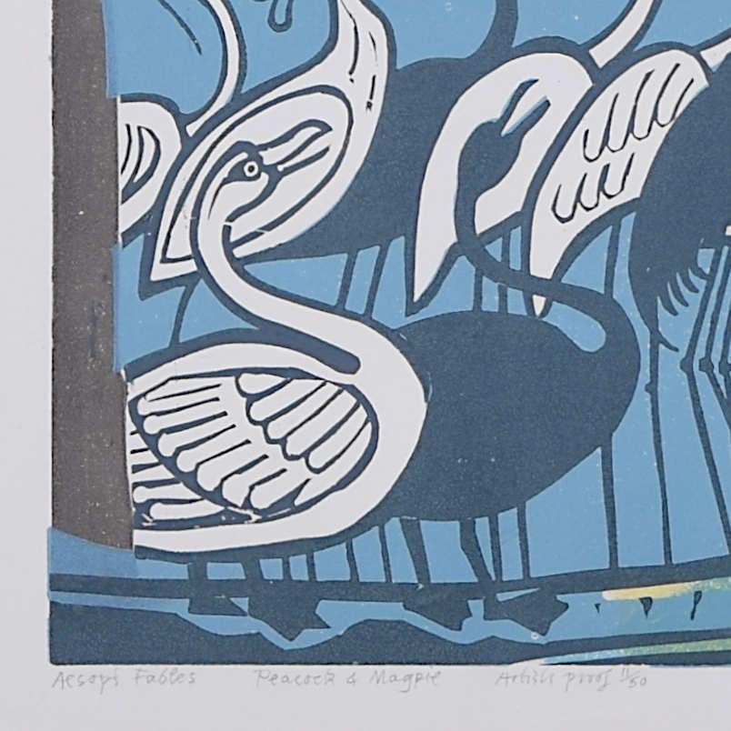 Edward Bawden : « Aesop's Fables: Peacock and Magpie », linogravure du XXe siècle en vente 1