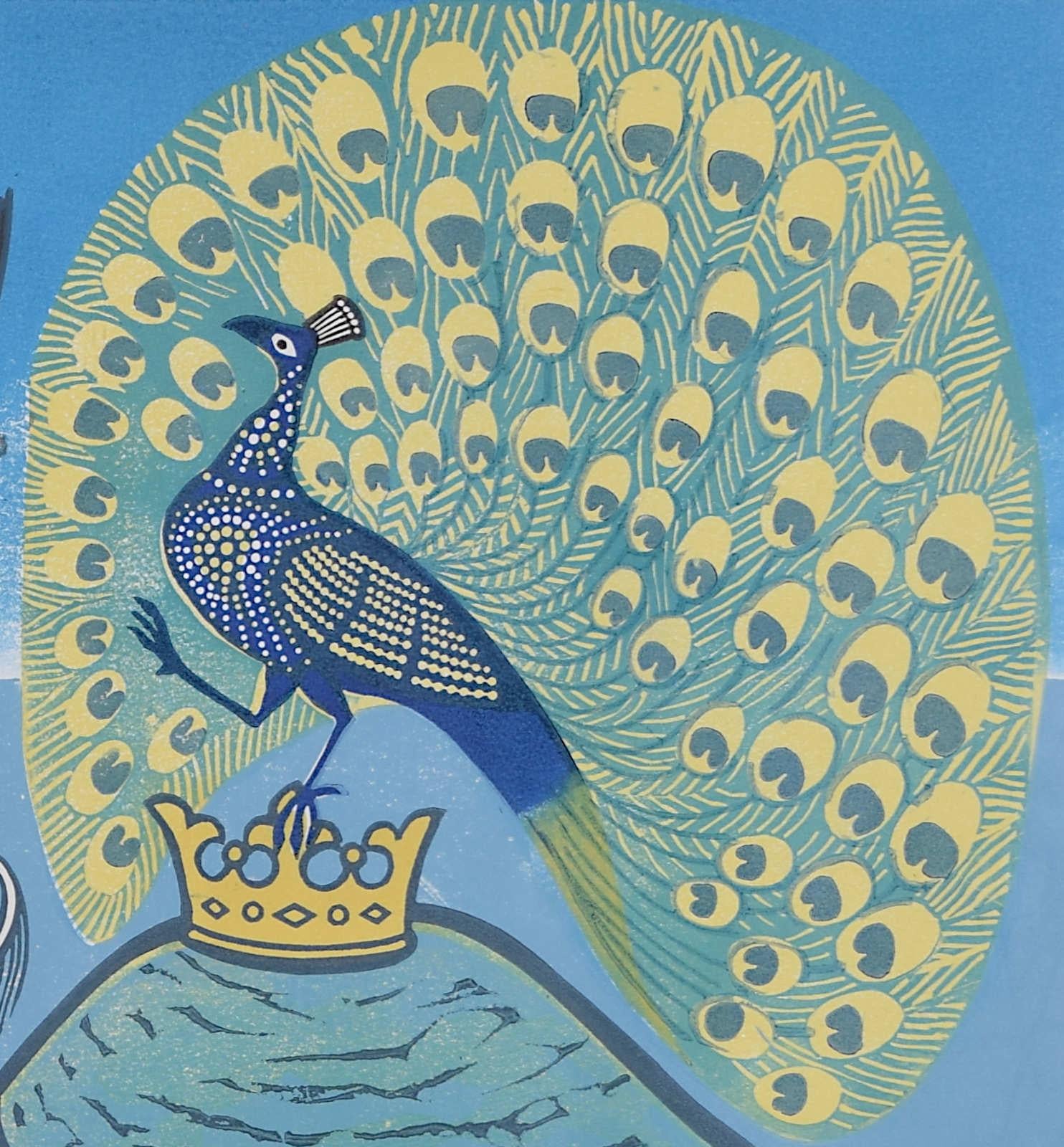 Edward Bawden: 'Aesop's Fables: Peacock and Magpie' 20th century linocut print For Sale 1