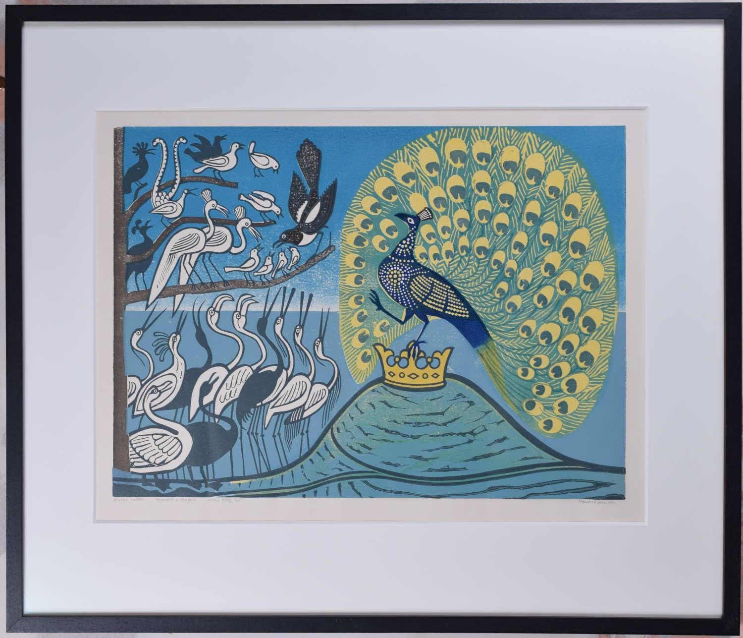 Edward Bawden: 'Aesop's Fables: Peacock and Magpie' 20th century linocut print For Sale 2