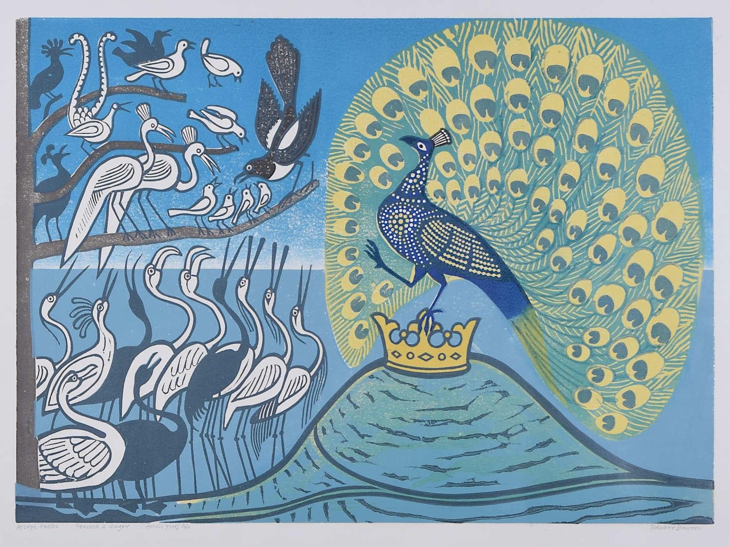 Pour en voir plus, faites défiler l'écran jusqu'à "Plus de ce Sellers" et, en dessous, cliquez sur "Tout voir de ce Sellers". 

Edward Bawden (1903 - 1989)
Les Fables d'Esope : Paon et pie (1970)
Linogravure
63 x 75 cm

Signé, numéroté 11/50, et