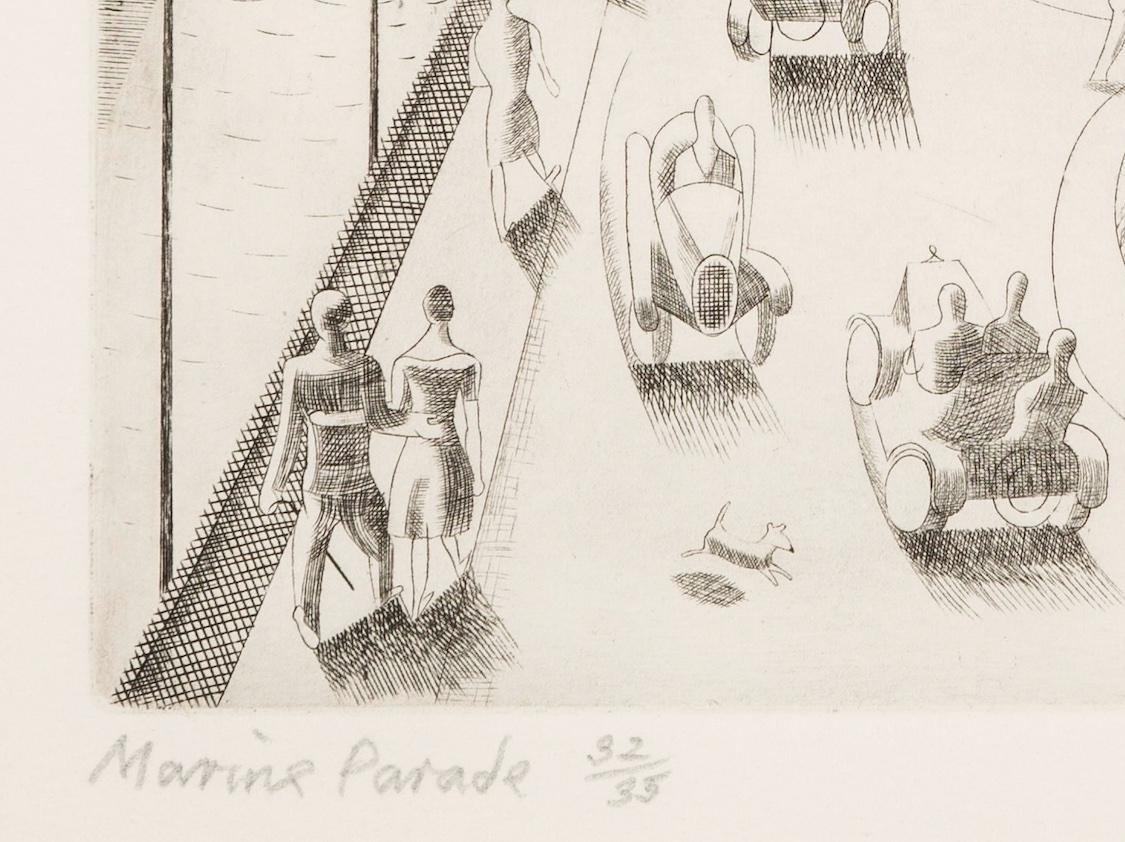 Marine Parade - Acquaforte di una città di mare con auto e personaggi, 1927-29 - Print Beige di Edward Bawden