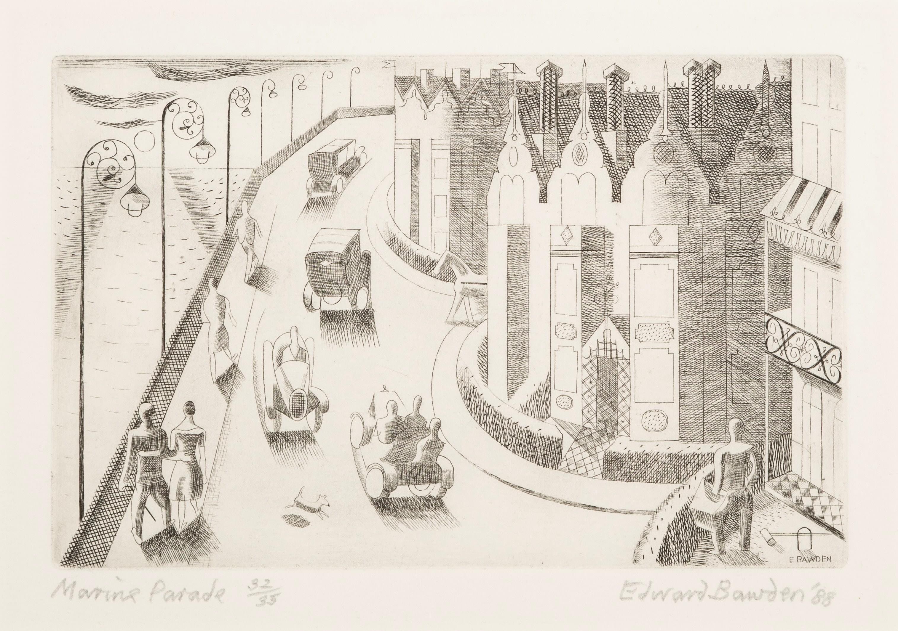 Print di Edward Bawden - Marine Parade - Acquaforte di una città di mare con auto e personaggi, 1927-29