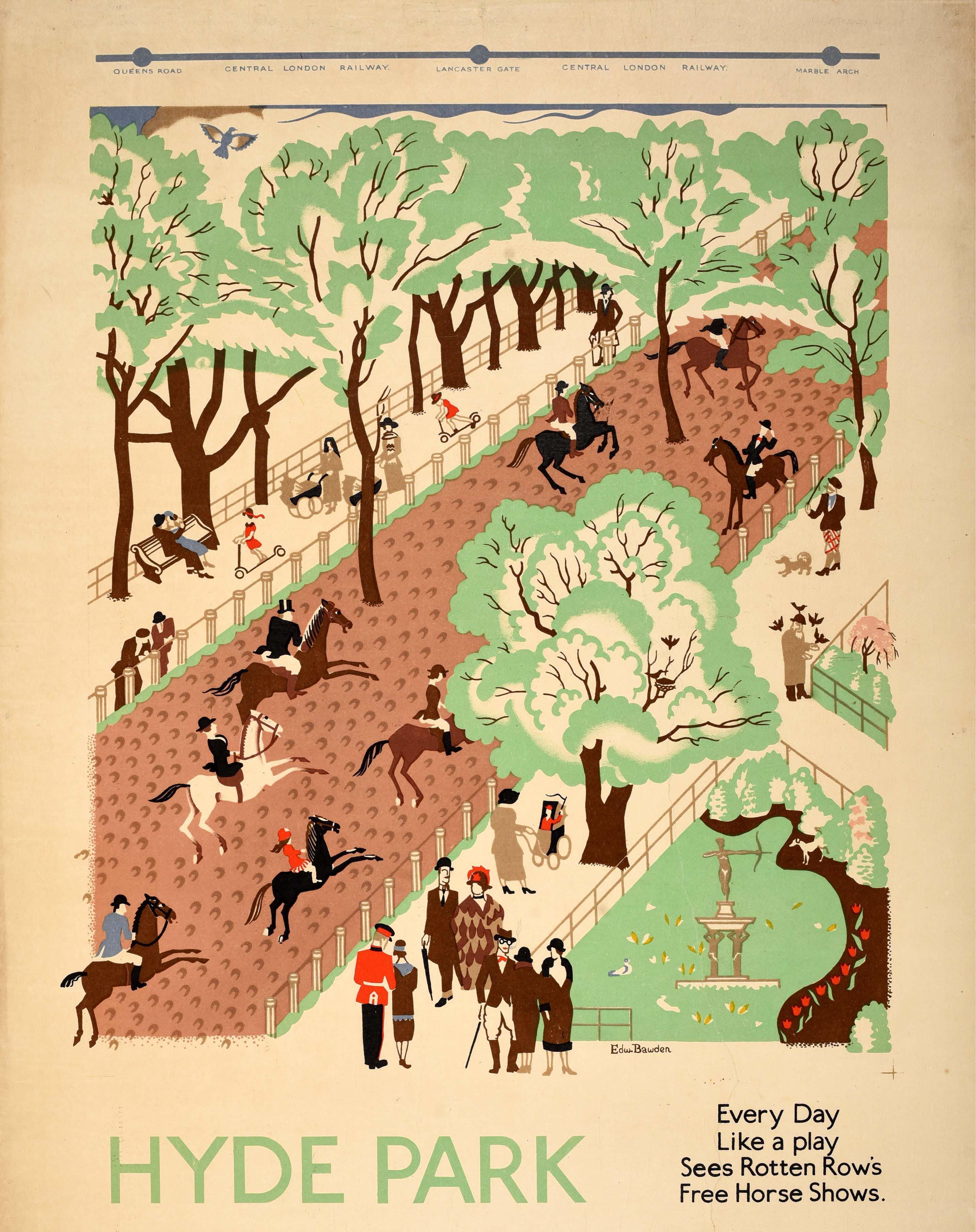 Original antique London Underground poster for Hyde Park The Stage of London Life Free Orators, Free Flower Shows, Free Bands, Free Air, Free Society featuring artwork by the English graphic artist, illustrator and painter Edward Bawden (1903-1989)