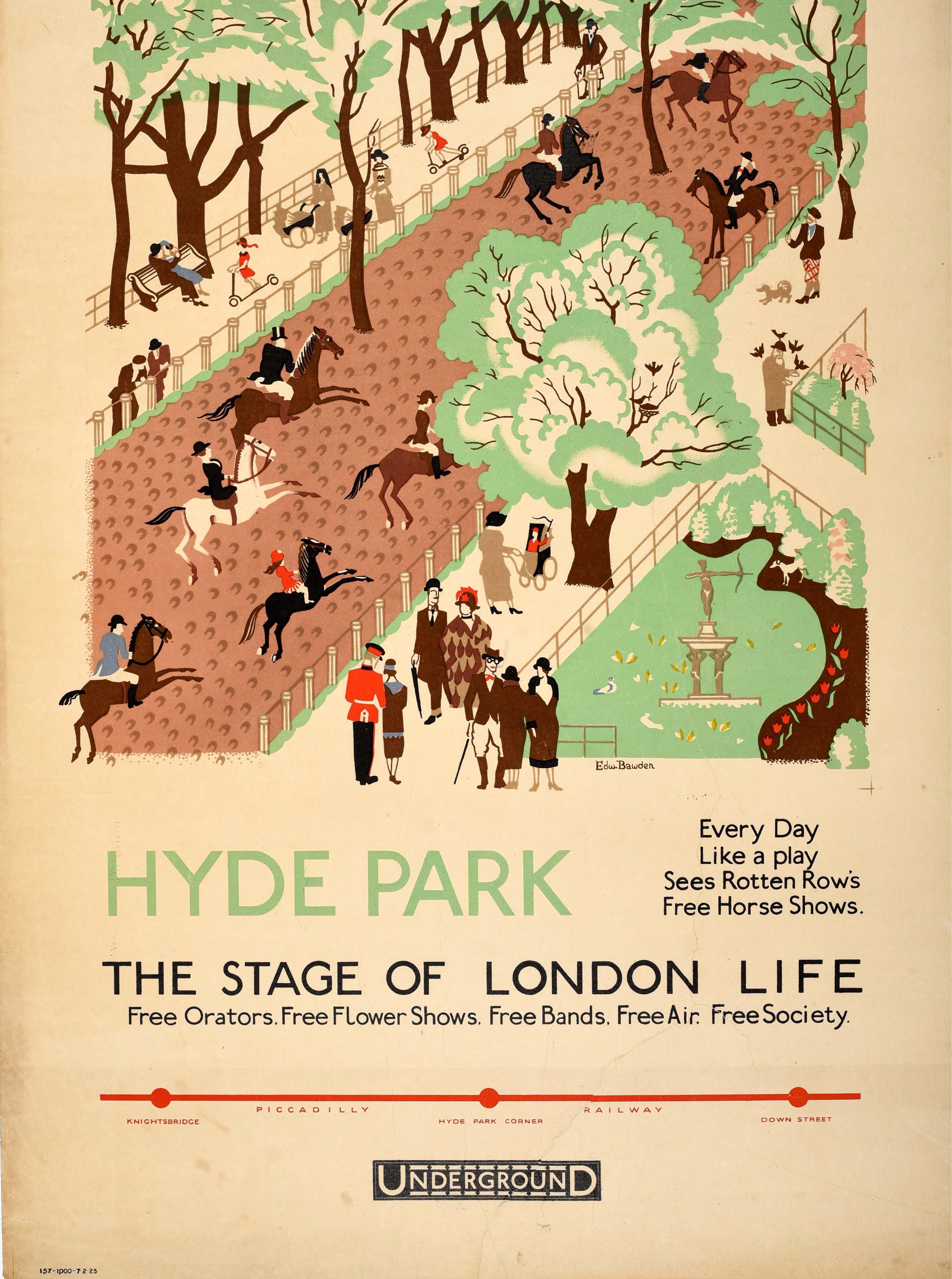 Originales antikes Londoner U-Bahn-Plakat für Hyde Park The Stage of London Life Free Orators, Free Flower Shows, Free Bands, Free Air, Free Society mit einem Werk des englischen Grafikers, Illustrators und Malers Edward Bawden (1903-1989), das eine