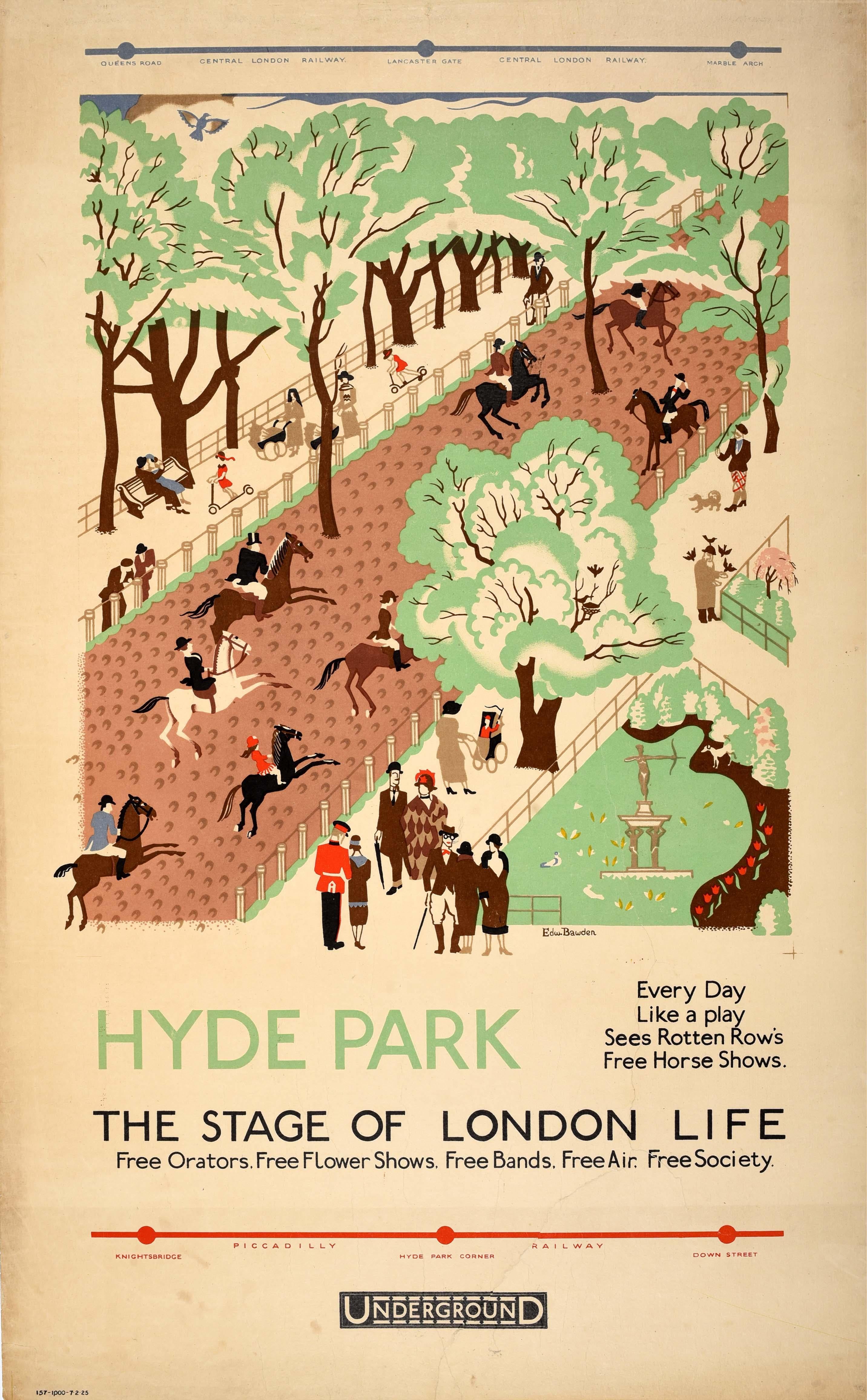 Edward Bawden Print - Original Antique London Underground Poster Hyde Park Stage Of London Life Bawden