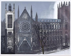 Vintage Westminster Abbey 20th century linocut print by Edward Bawden