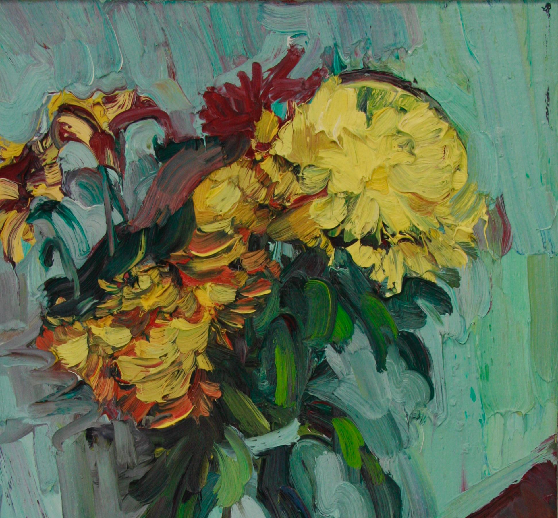 CHRYSANTHEMUMS IN A GREEN VASE EDWARD BEALE British contemporary artist. For Sale 8