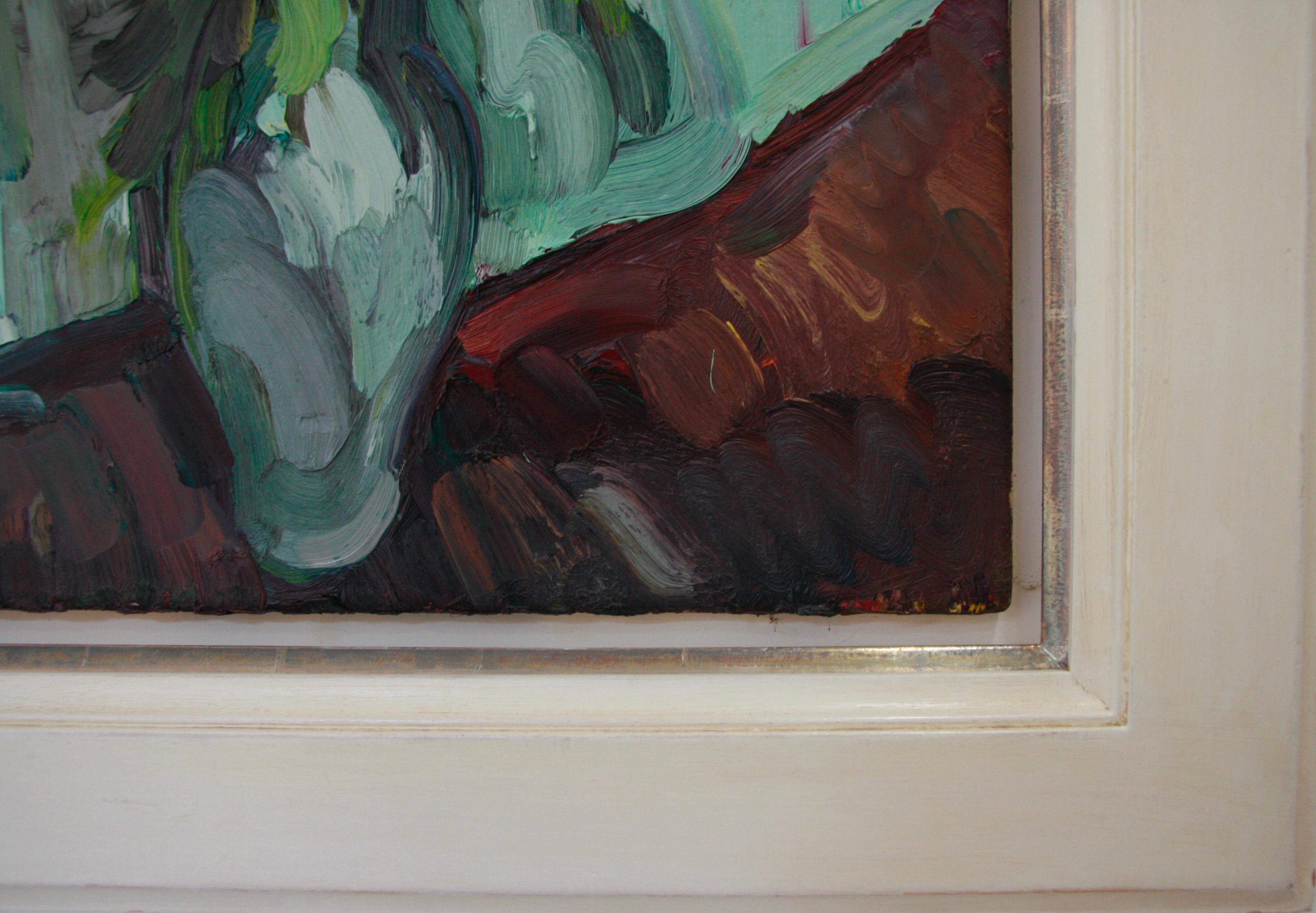 CHRYSANTHEMUMS IN A GREEN VASE EDWARD BEALE British contemporary artist. For Sale 8