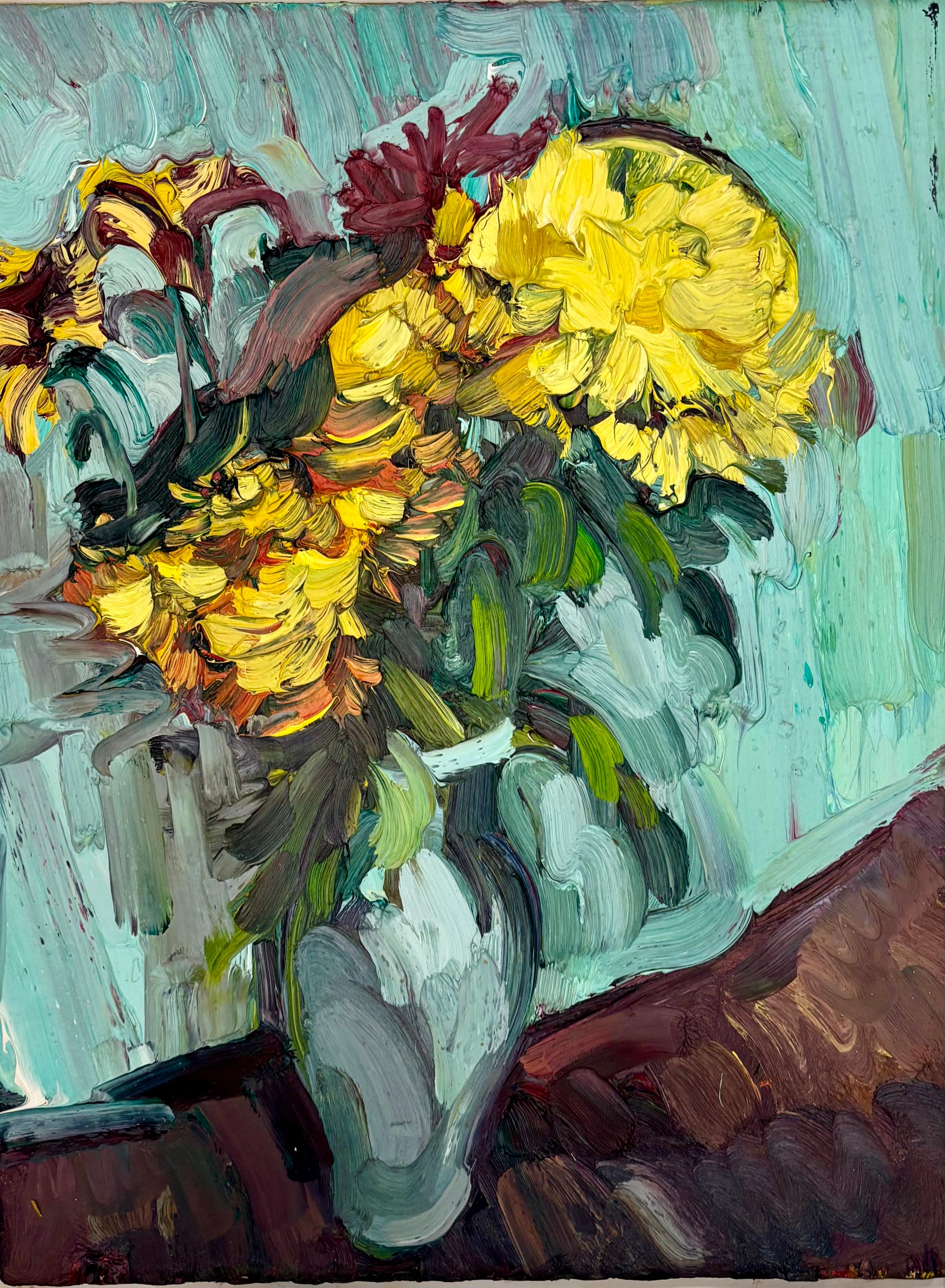 CHRYSANTHEMUMS IN A GREEN VASE EDWARD BEALE British contemporary artist. For Sale 9