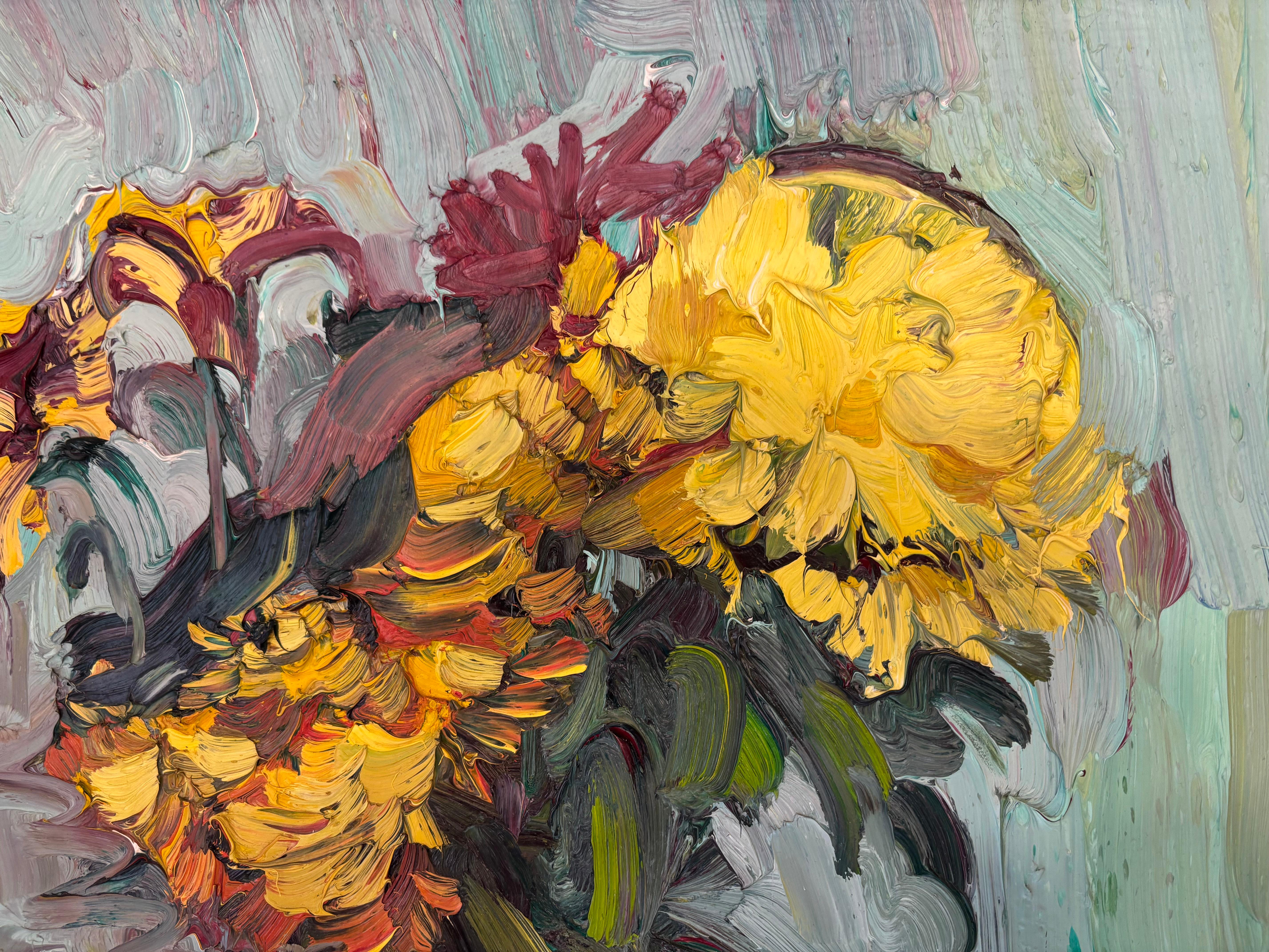 CHRYSANTHEMUMS IN A GREEN VASE EDWARD BEALE British contemporary artist. For Sale 11