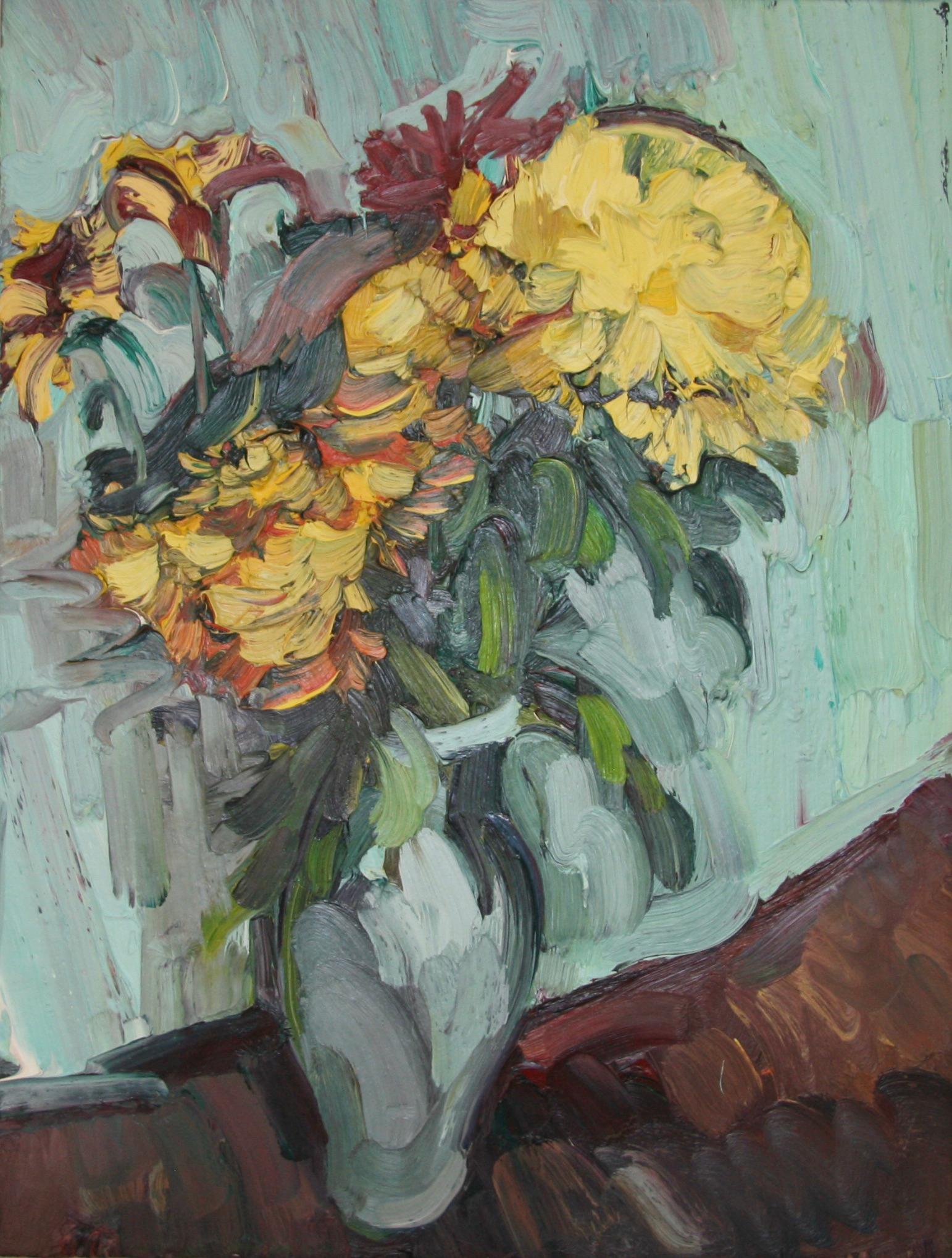 CHRYSANTHEMUMS IN A GREEN VASE EDWARD BEALE British contemporary artist. - Painting by Edward Beale