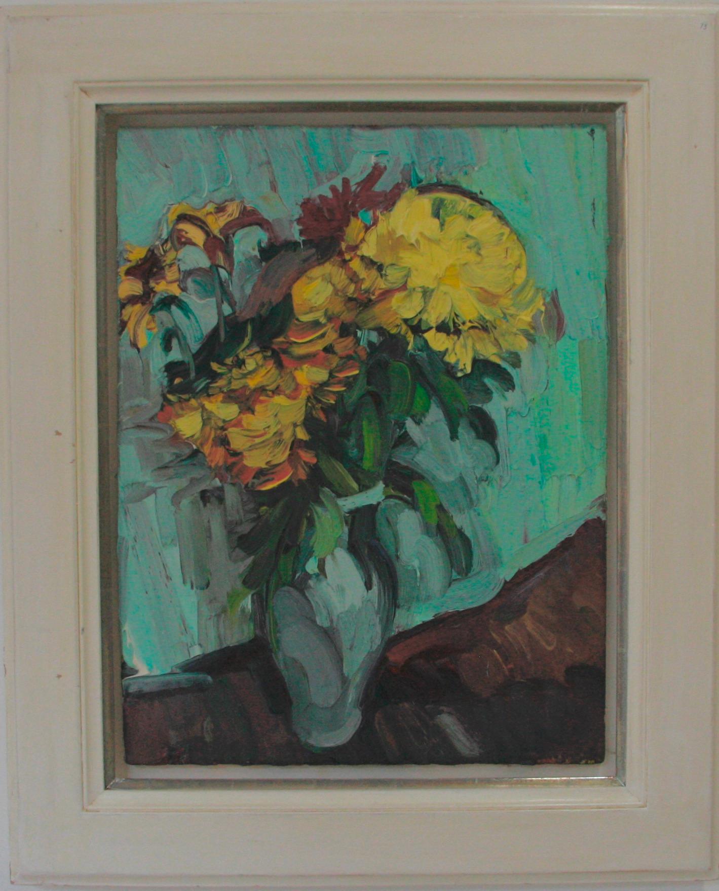 CHRYSANTHEMUMS IN A GREEN VASE EDWARD BEALE British contemporary artist. - Abstract Impressionist Painting by Edward Beale
