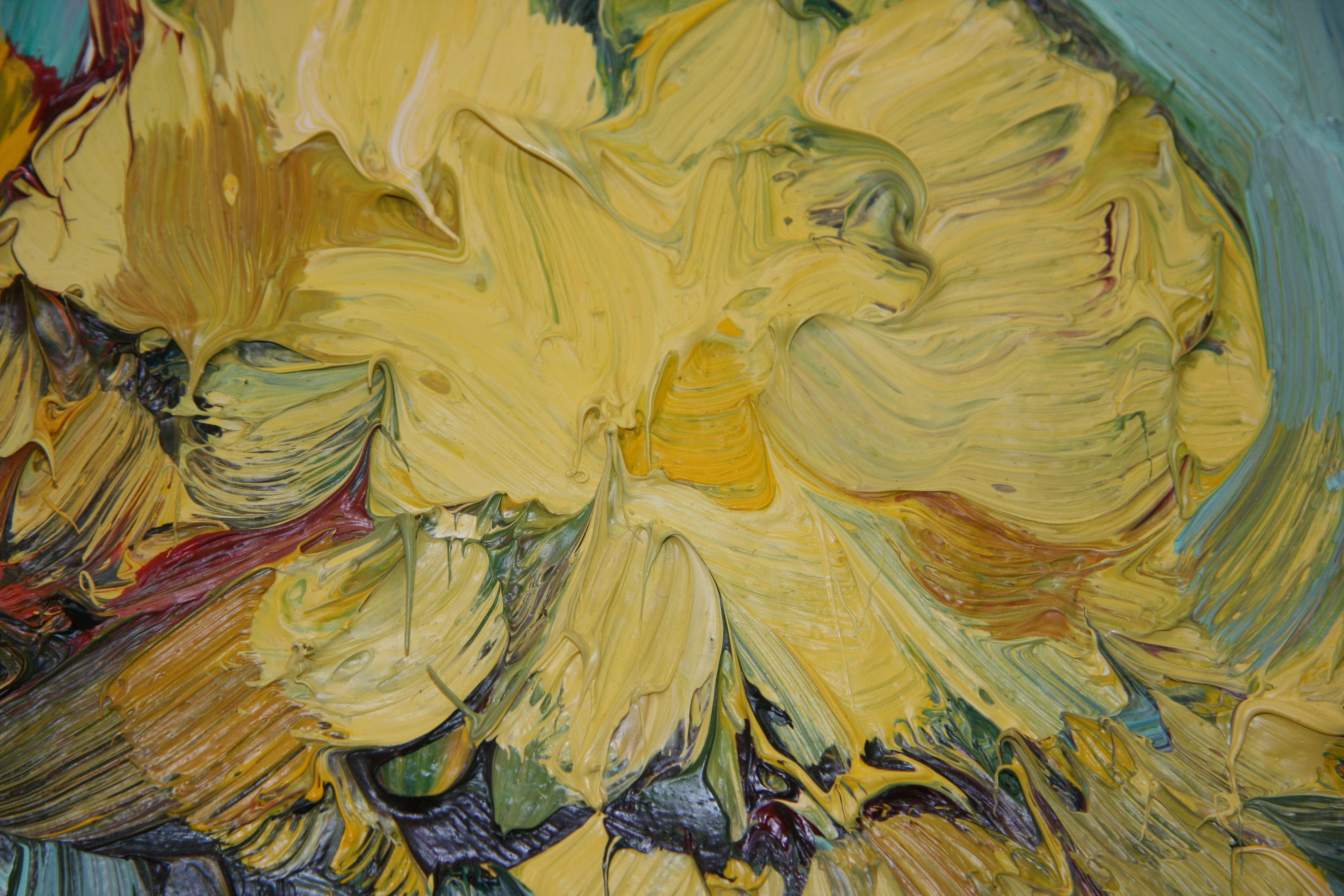 CHRYSANTHEMUMS IN A GREEN VASE EDWARD BEALE British contemporary artist. - Gray Still-Life Painting by Edward Beale