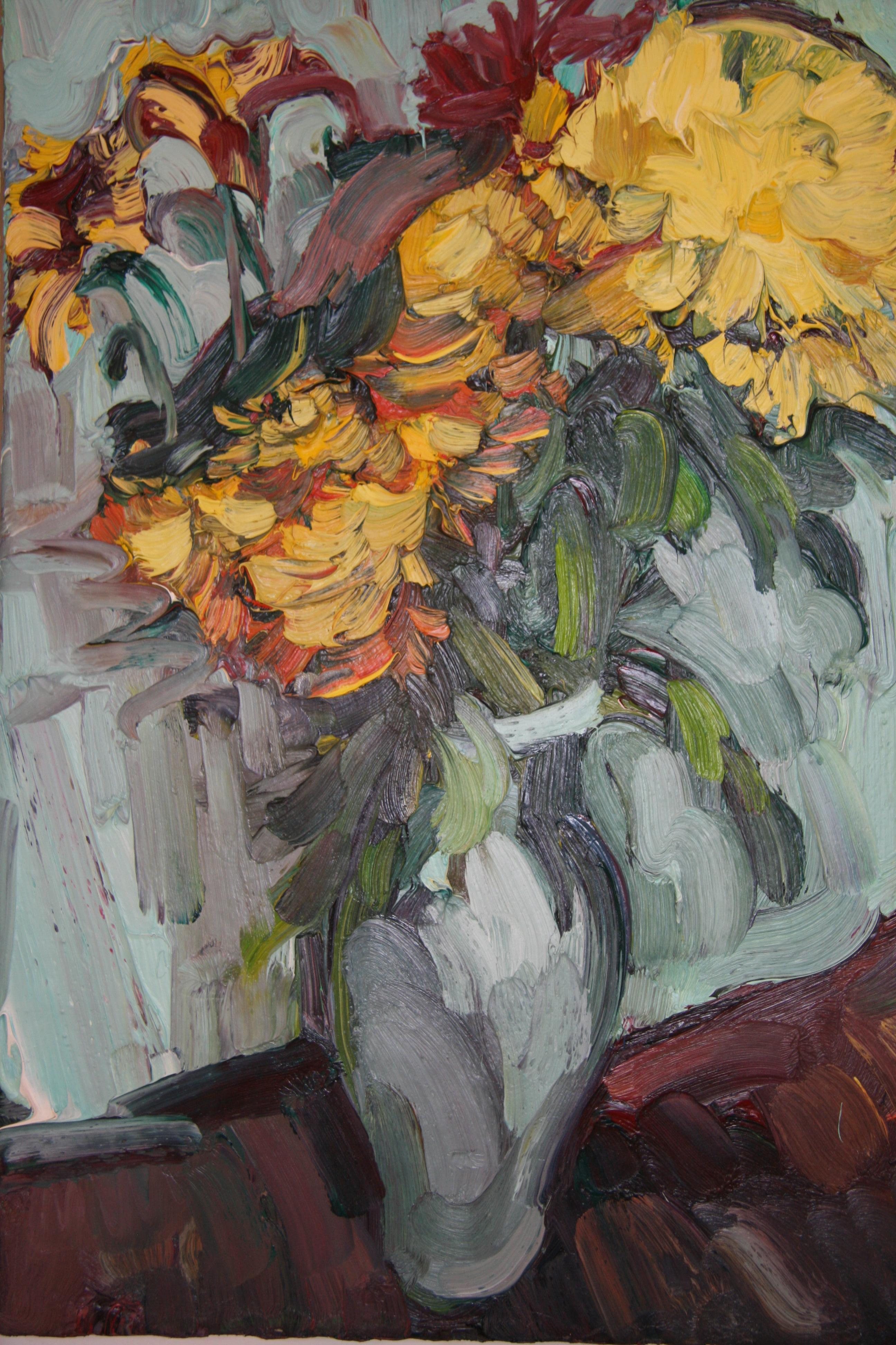 CHRYSANTHEMUMS IN A GREEN VASE EDWARD BEALE British contemporary artist. - Abstract Impressionist Painting by Edward Beale