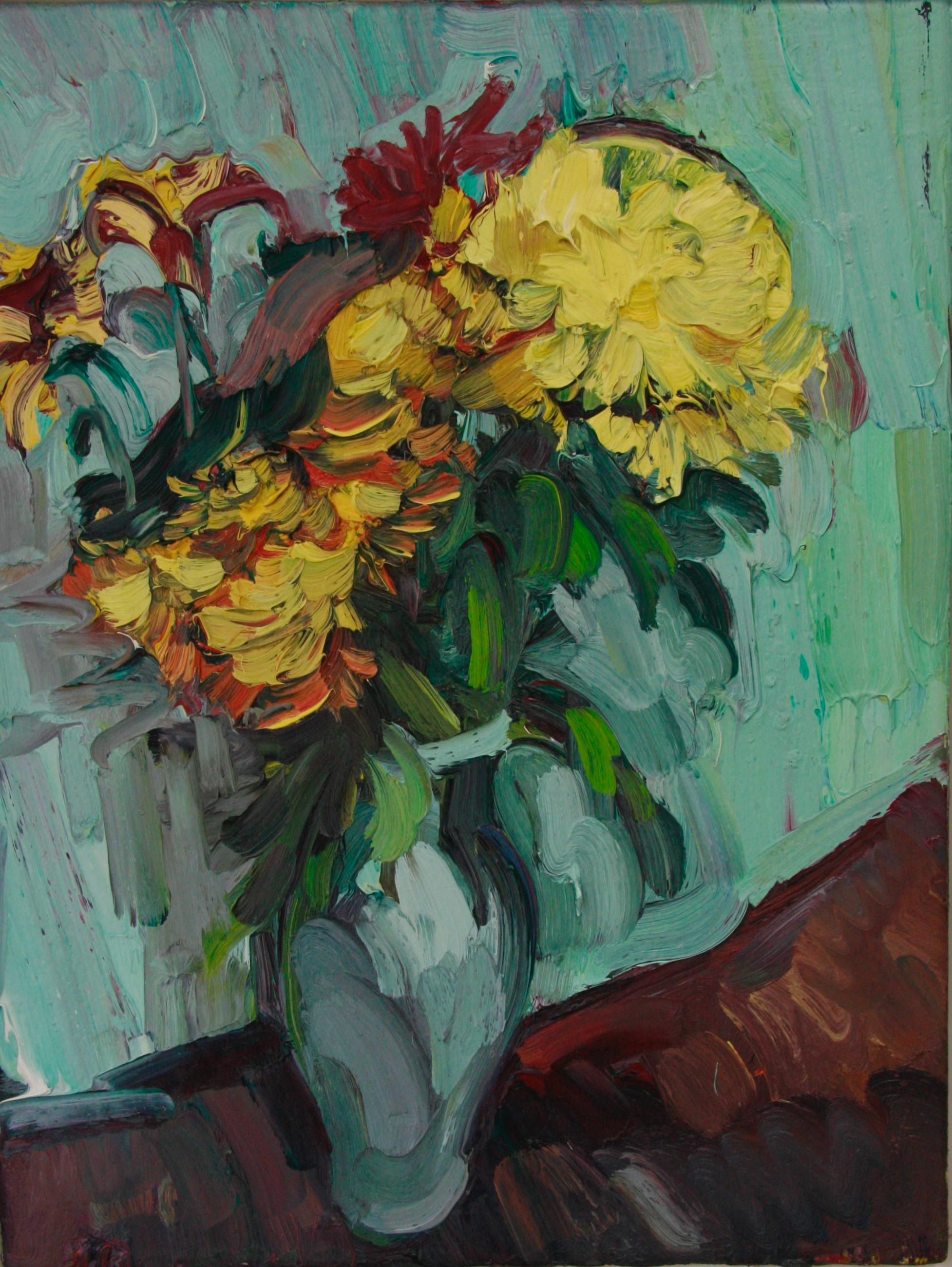 CHRYSANTHEMUMS IN A GREEN VASE EDWARD BEALE British contemporary artist. For Sale 5