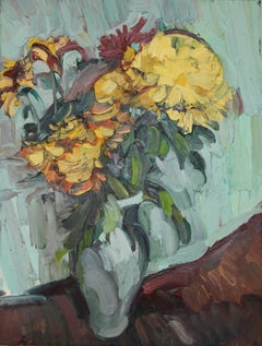 CHRYSANTHEMUMS IN A GREEN VASE EDWARD BEALE British contemporary artist.