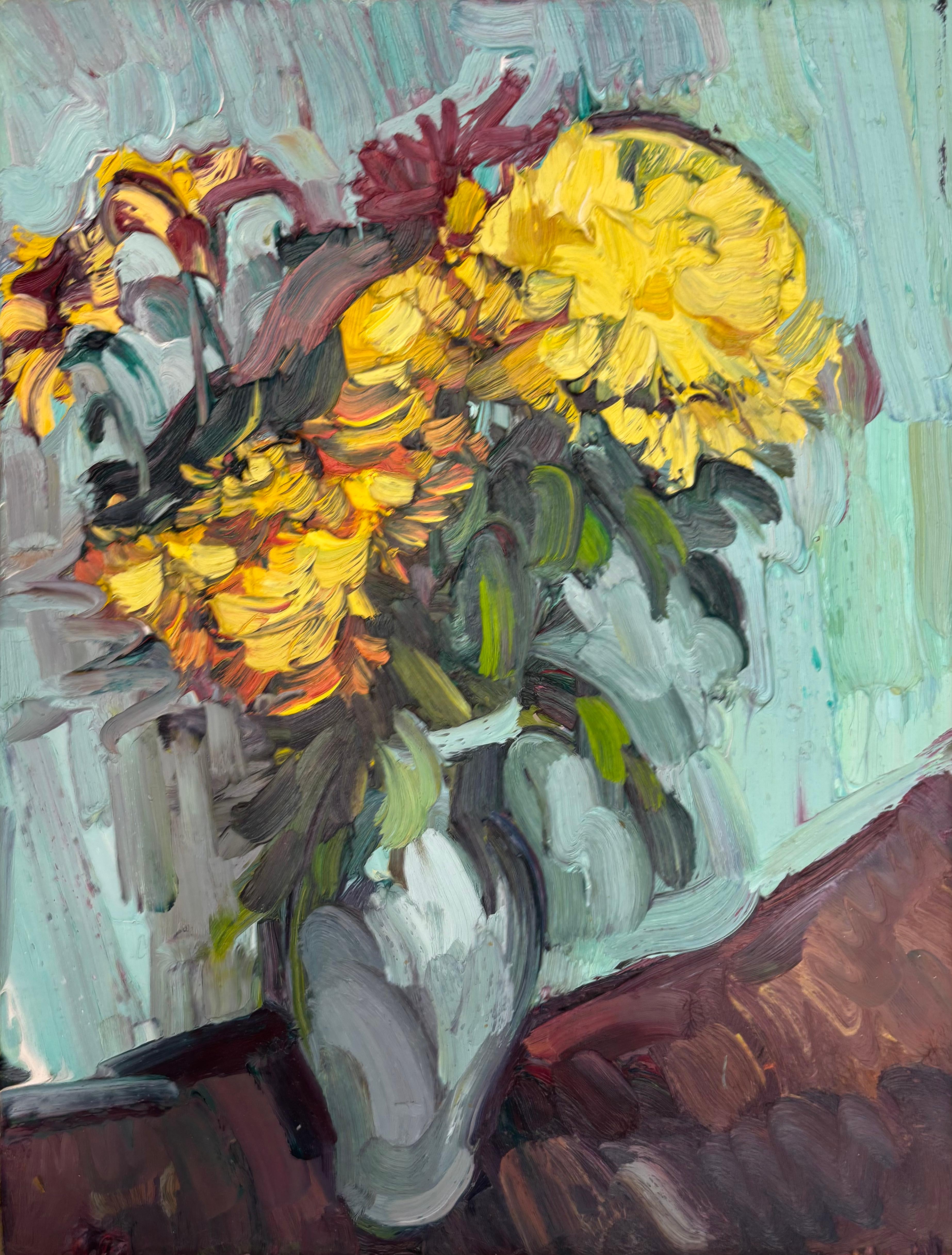 CHRYSANTHEMUMS IN A GREEN VASE EDWARD BEALE Artista contemporaneo britannico.