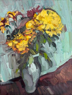 CHRYSANTHEMUMS IN A GREEN VASE EDWARD BEALE British contemporary artist.